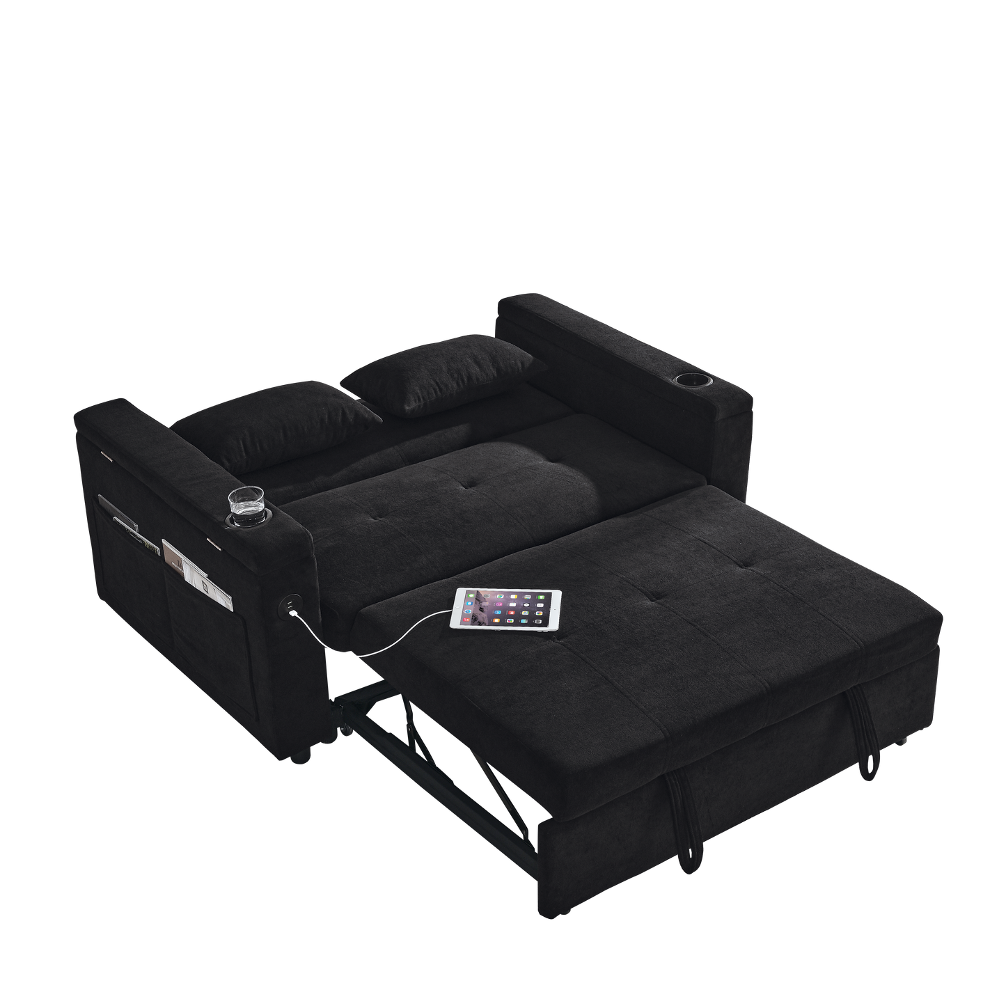 Black modern sleeper sofa with builtin USB ports and cup holder ideal for small living spaces