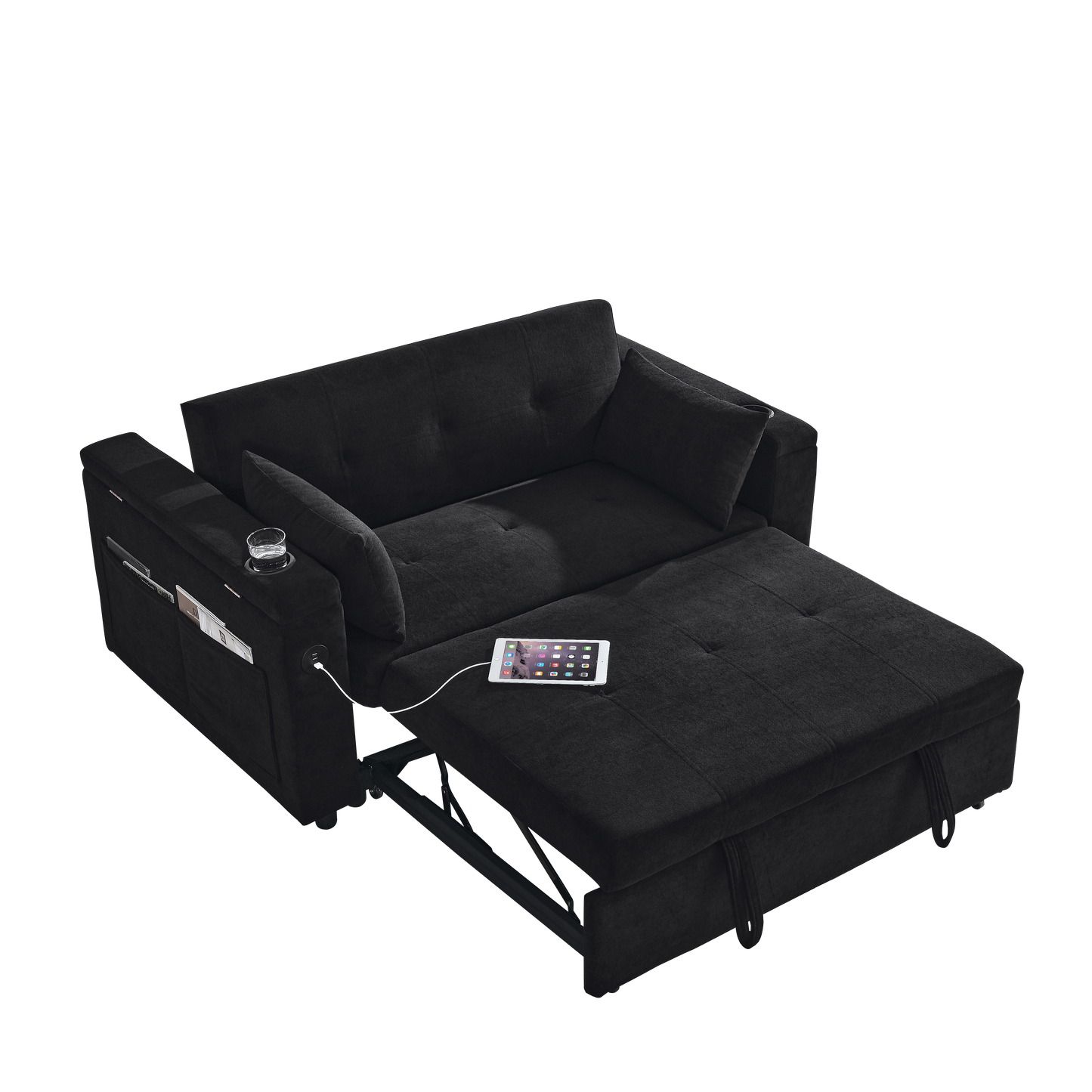 Black upholstered sleeper sofa with pullout ottoman and builtin charging port