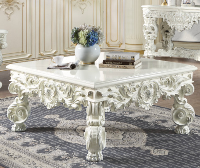 Ornate white carved wood square coffee table with floral accents