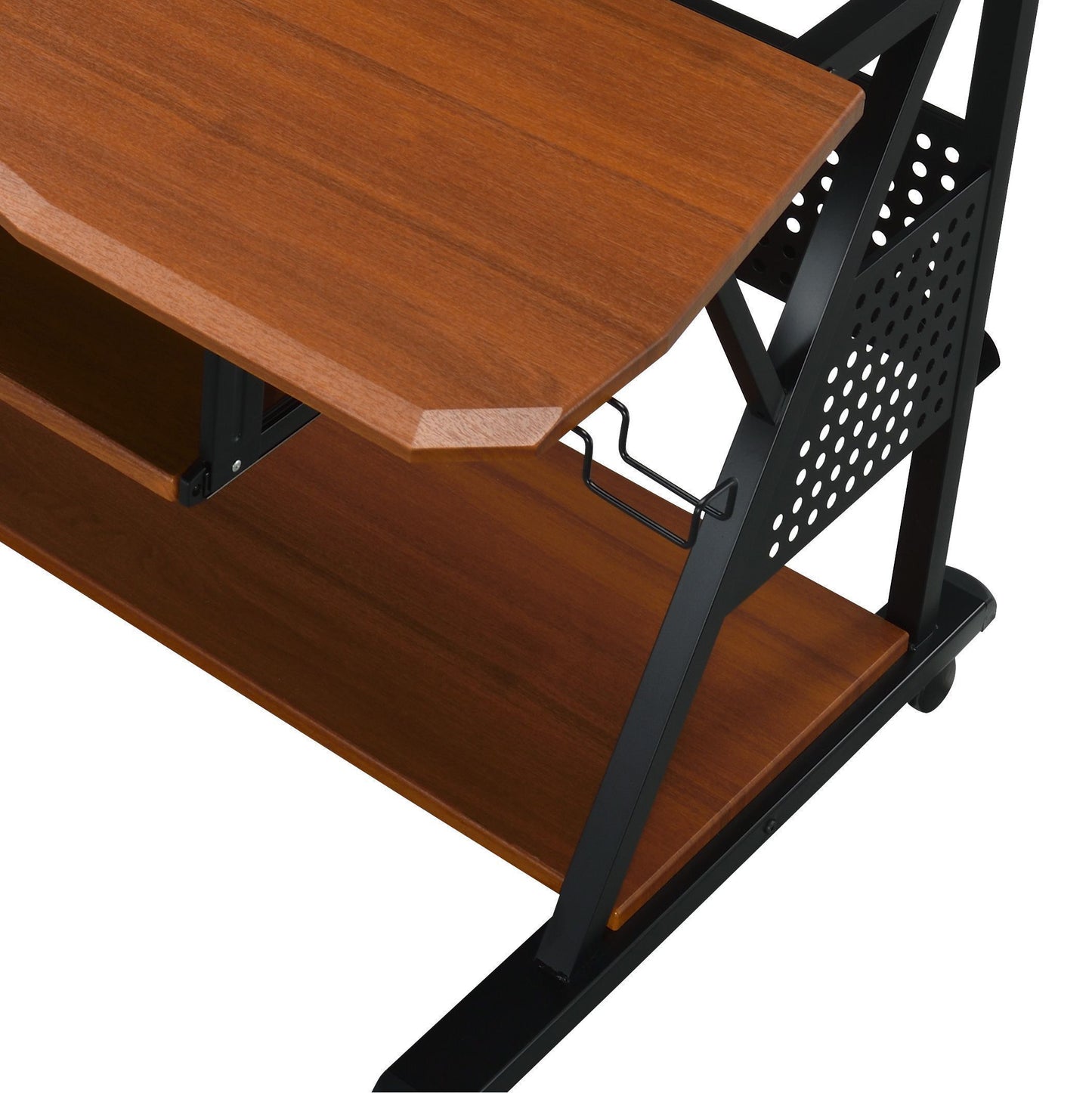 Cherry wood finish AV cart with black metal frame and perforated side panel