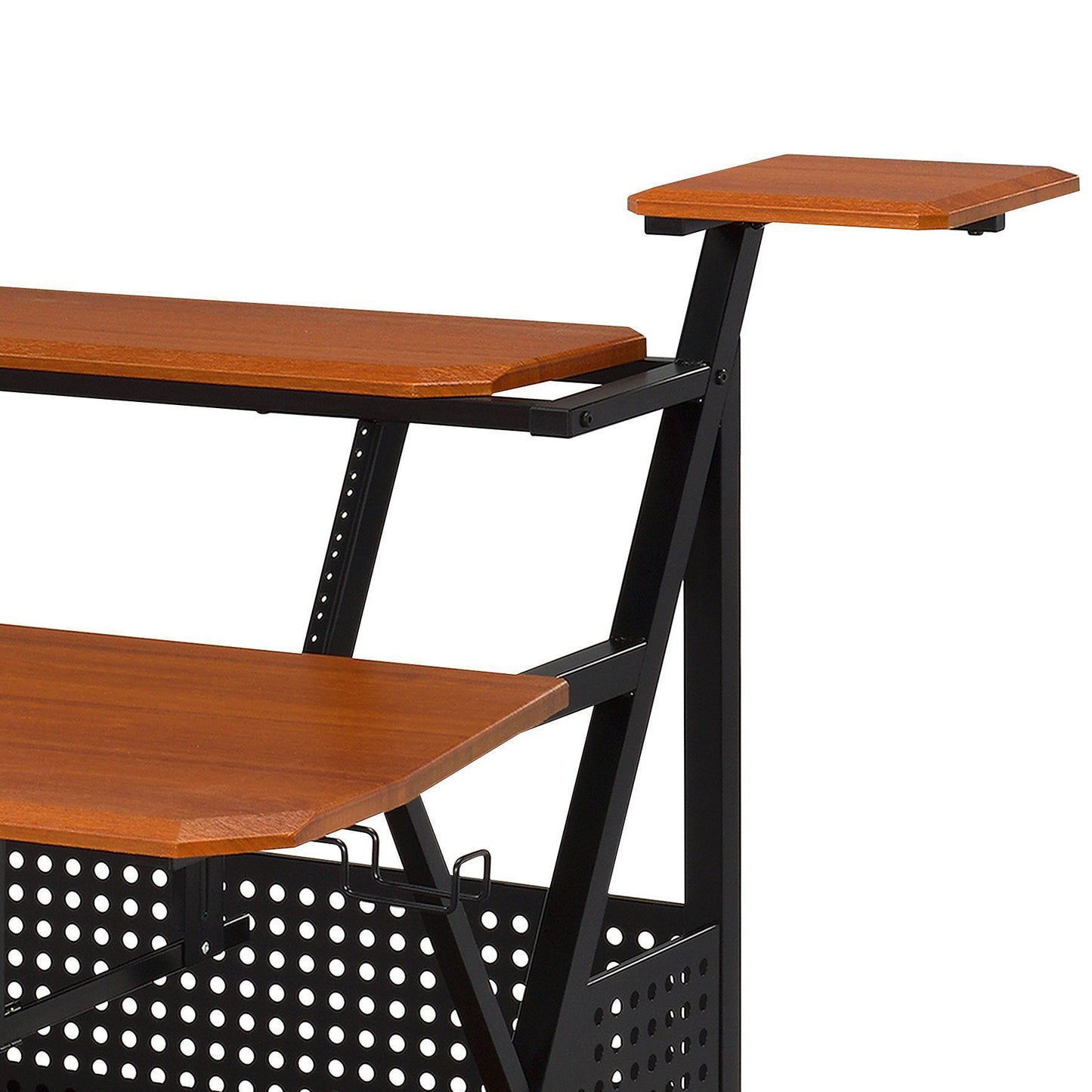 Cherry wood computer desk with black metal frame and tiered shelving