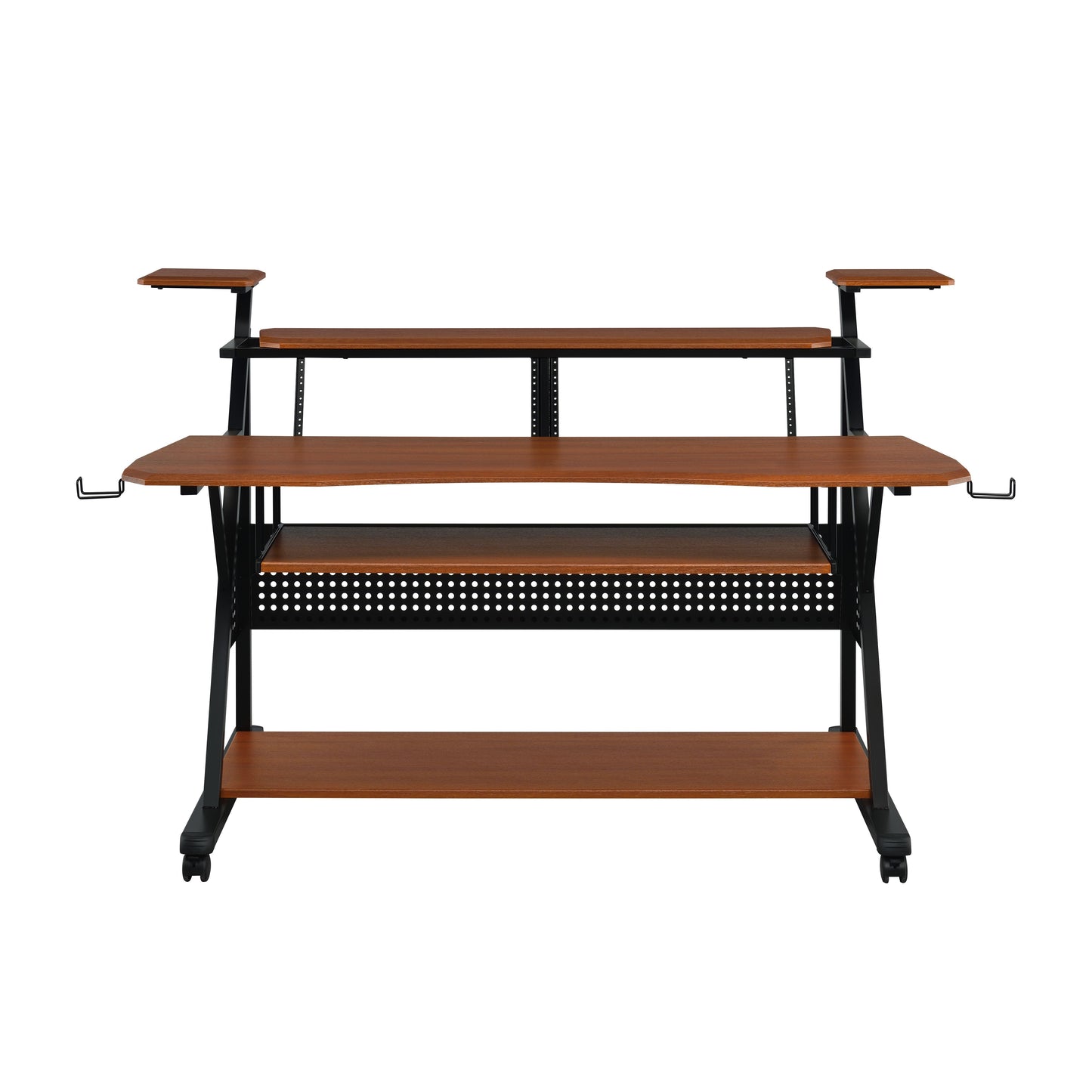 Brown wood computer desk with black metal frame and multiple shelves