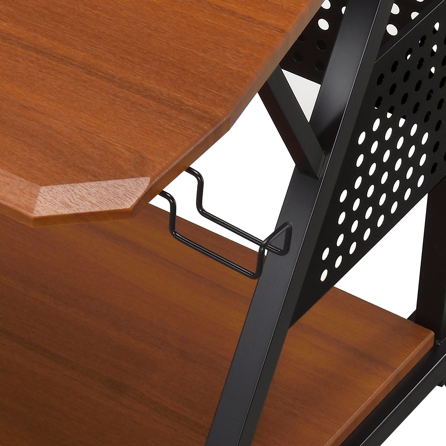 Closeup of a cherry wood laminate shelf with a metal frame showcasing the grain
