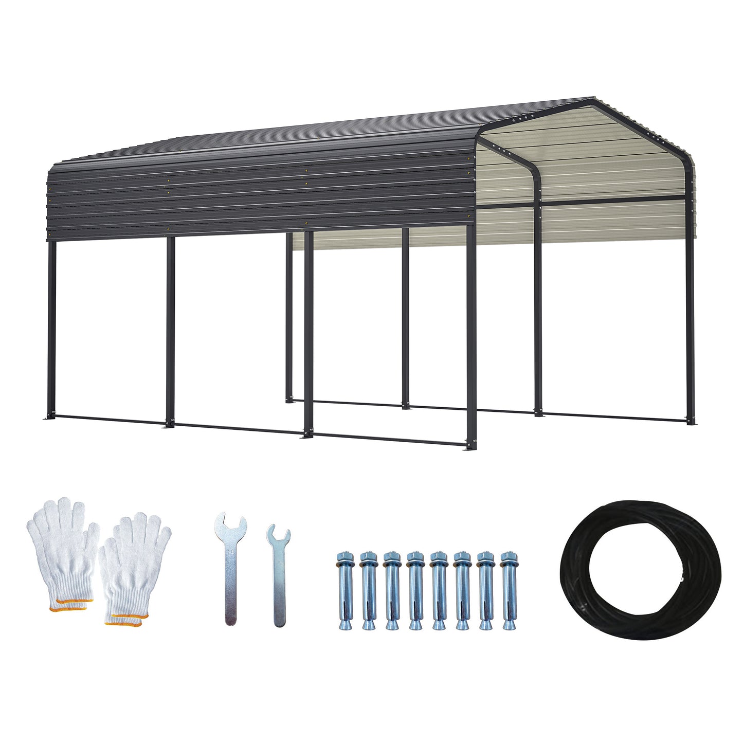 Dark grey metal carport with beige interior showing frame and roof panels