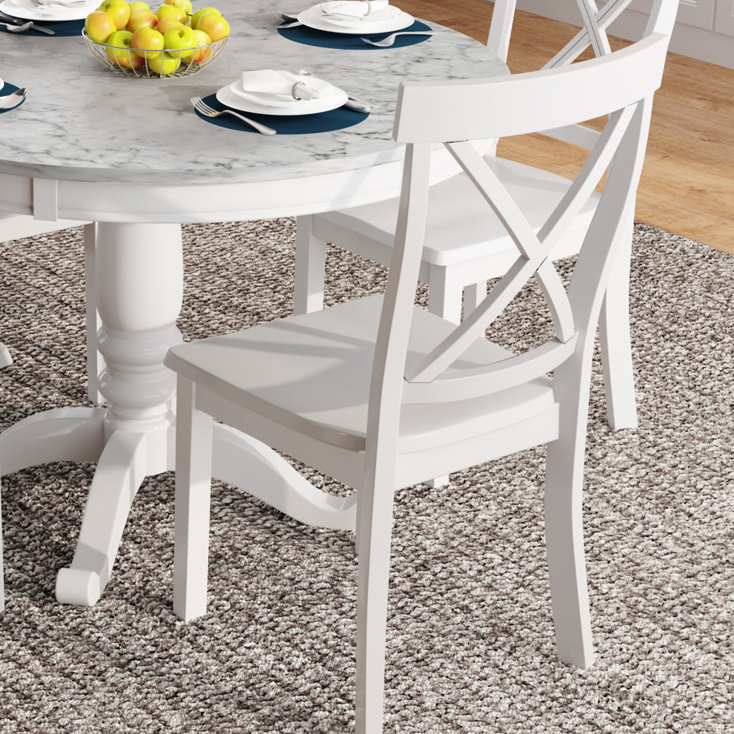 White wooden dining chair with crisscross back detail