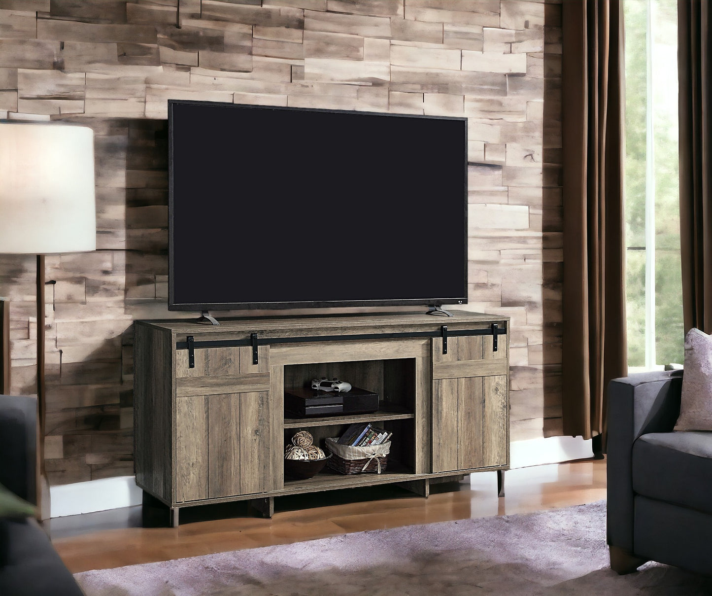 Rustic brown wood TV stand with sliding barn doors and open shelves displaying media console