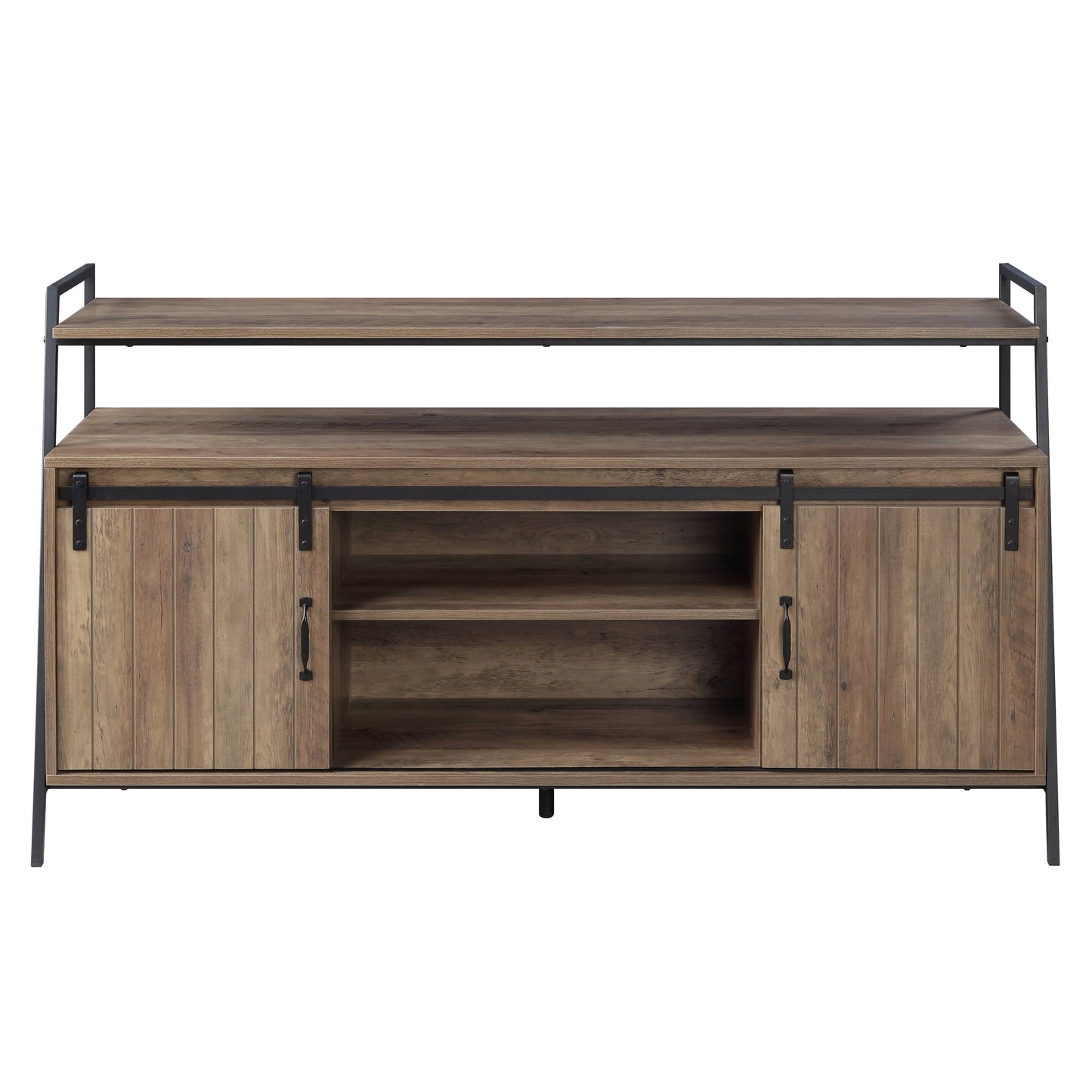 Rustic wood media console with sliding barn doors and black metal frame