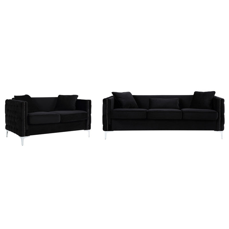 Black velvet chesterfield sofa and loveseat set with chrome legs and decorative nailhead trim