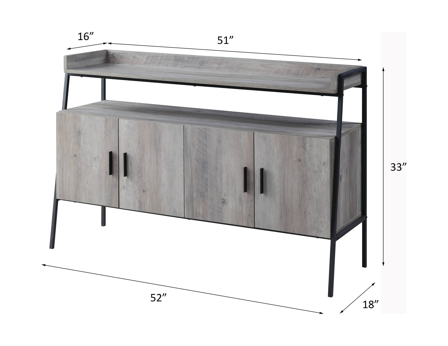 Rustic gray wood sideboard with black metal frame and four doors