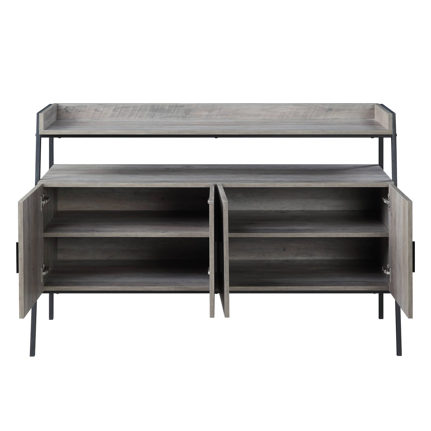 Grey wood console table with black metal legs and open doors revealing shelves
