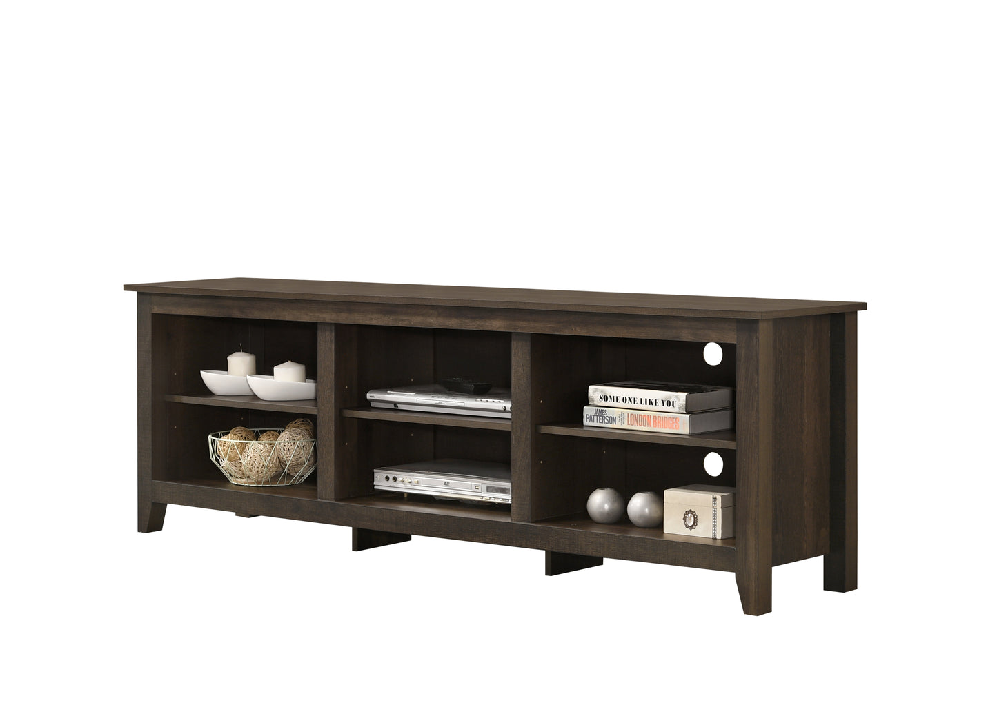 Dark brown wooden media console with multiple shelves and open storage compartments