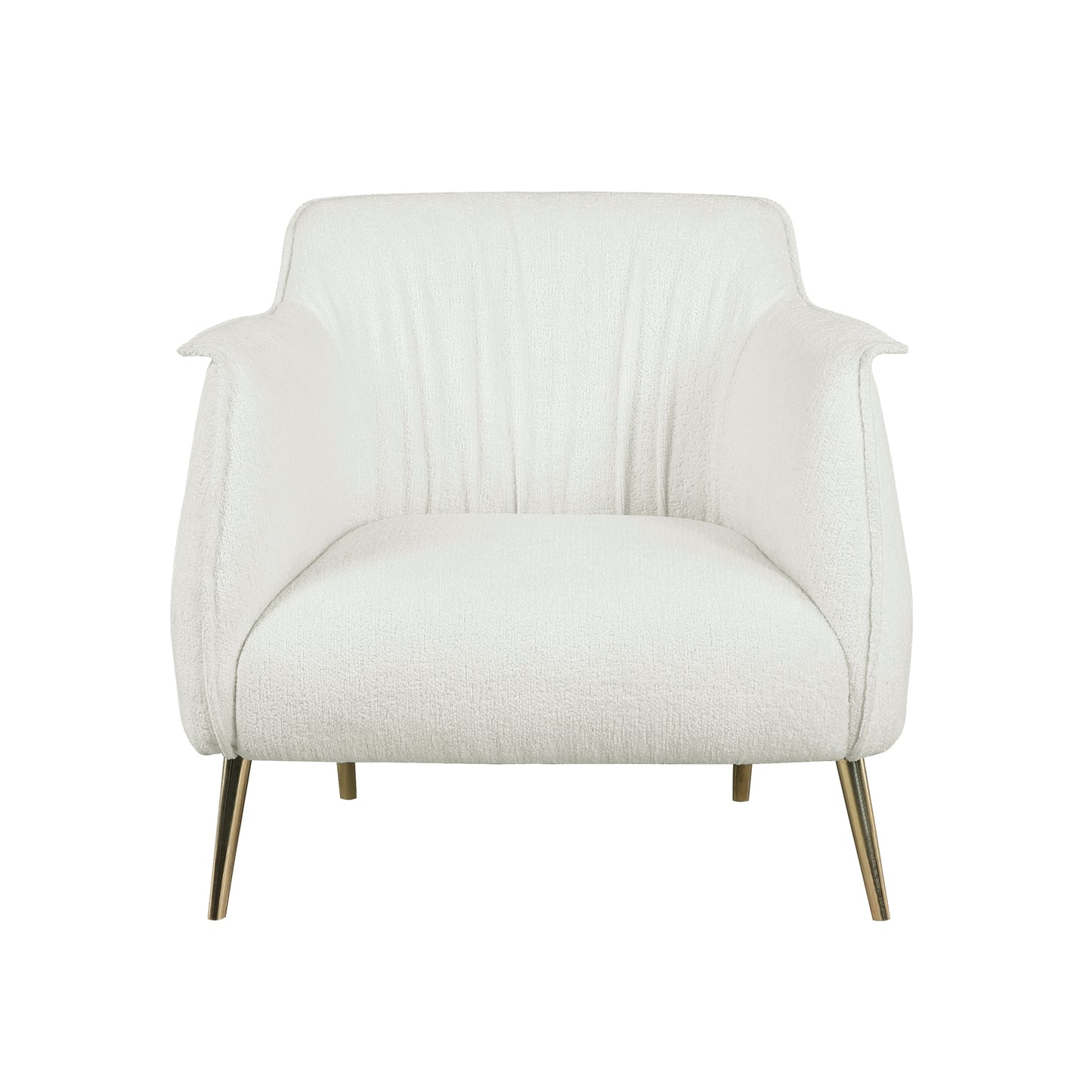 Plush white boucle armchair with sleek gold metal legs perfect for a modern living room