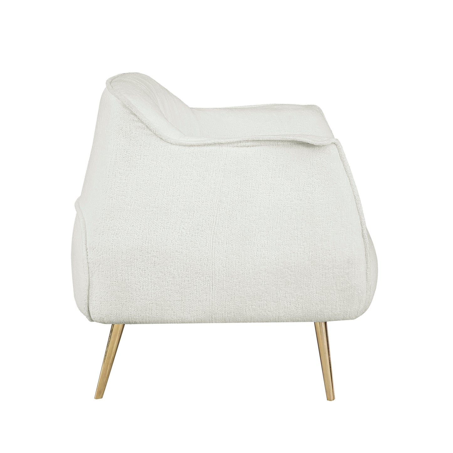 Textured white boucle armchair with modern gold tapered legs