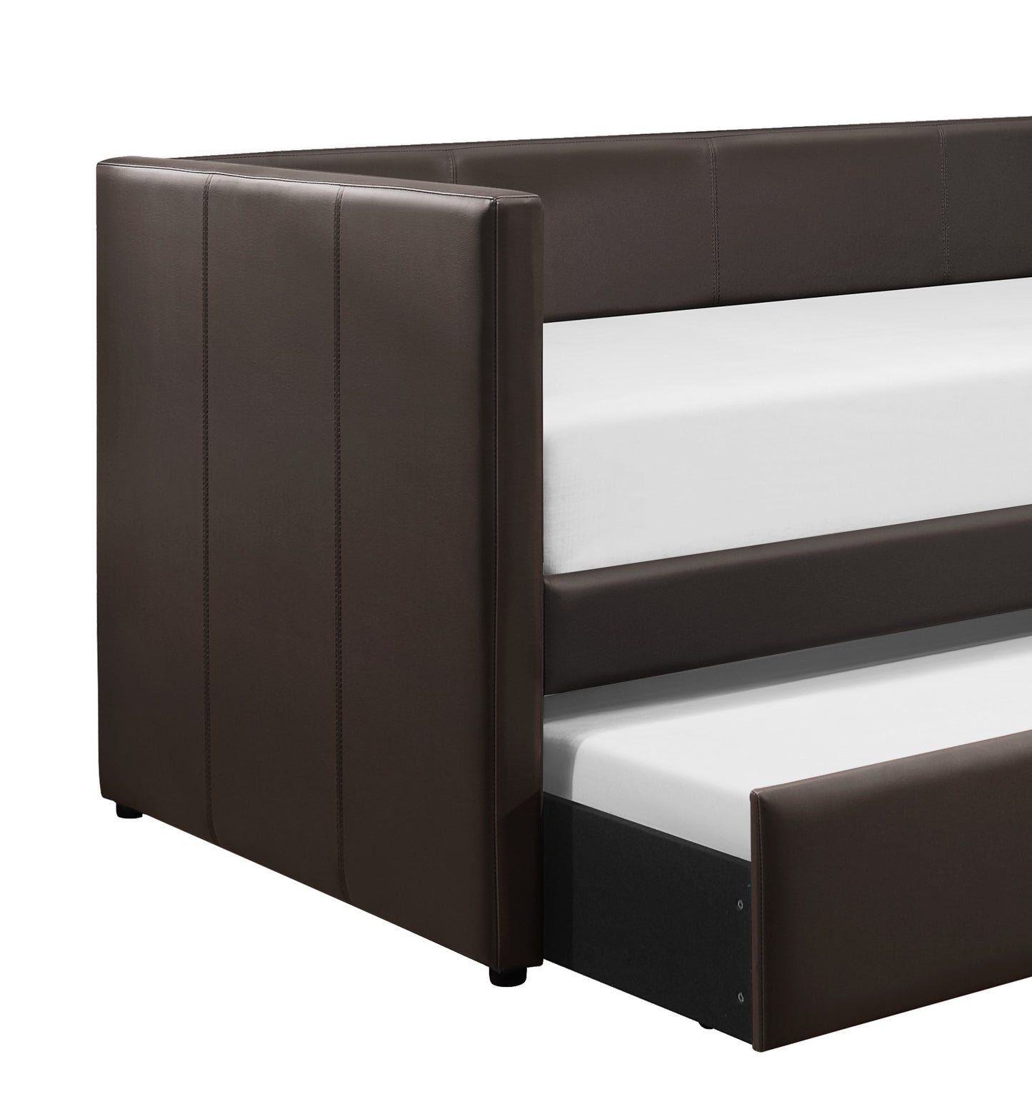 Brown faux leather daybed with a pullout trundle bed for guest sleeping