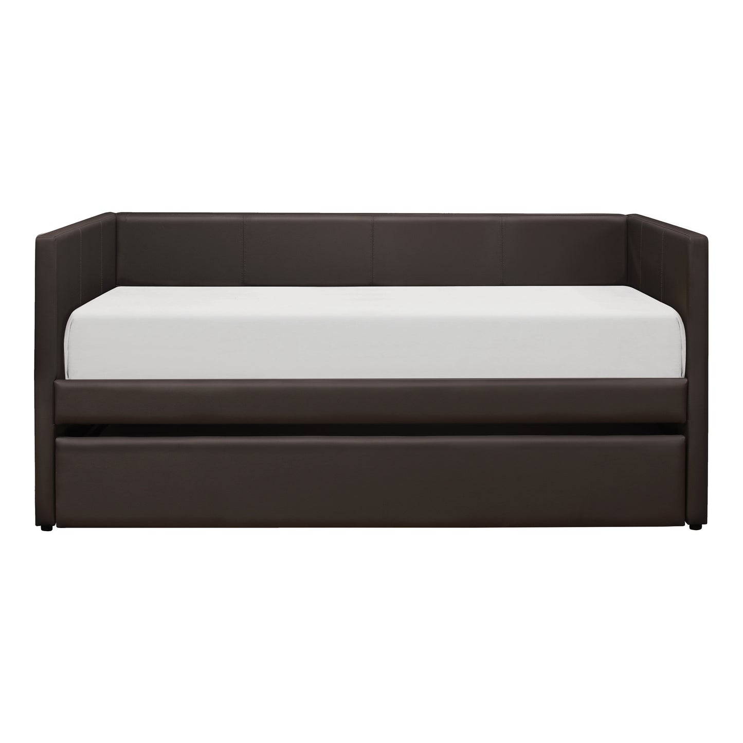 Dark brown faux leather daybed with a pullout trundle featuring clean lines for modern living spaces