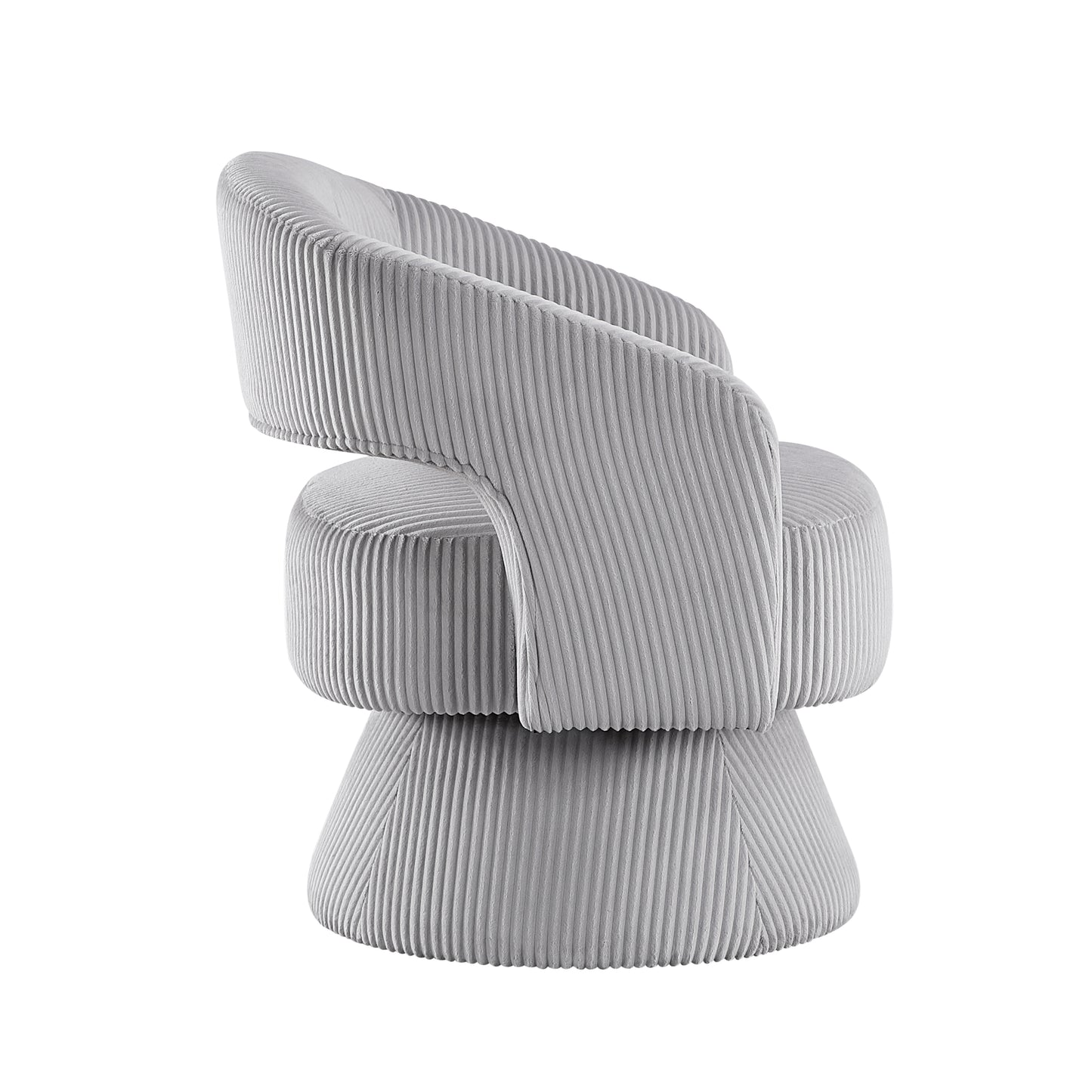 Soft grey velvet armchair with vertical ribbed texture and swiveling base