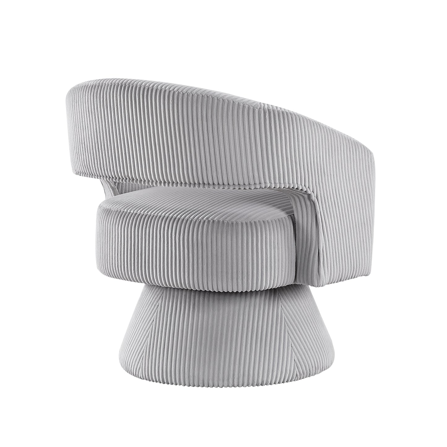 Gray corduroy swivel chair with a curved back and circular seat