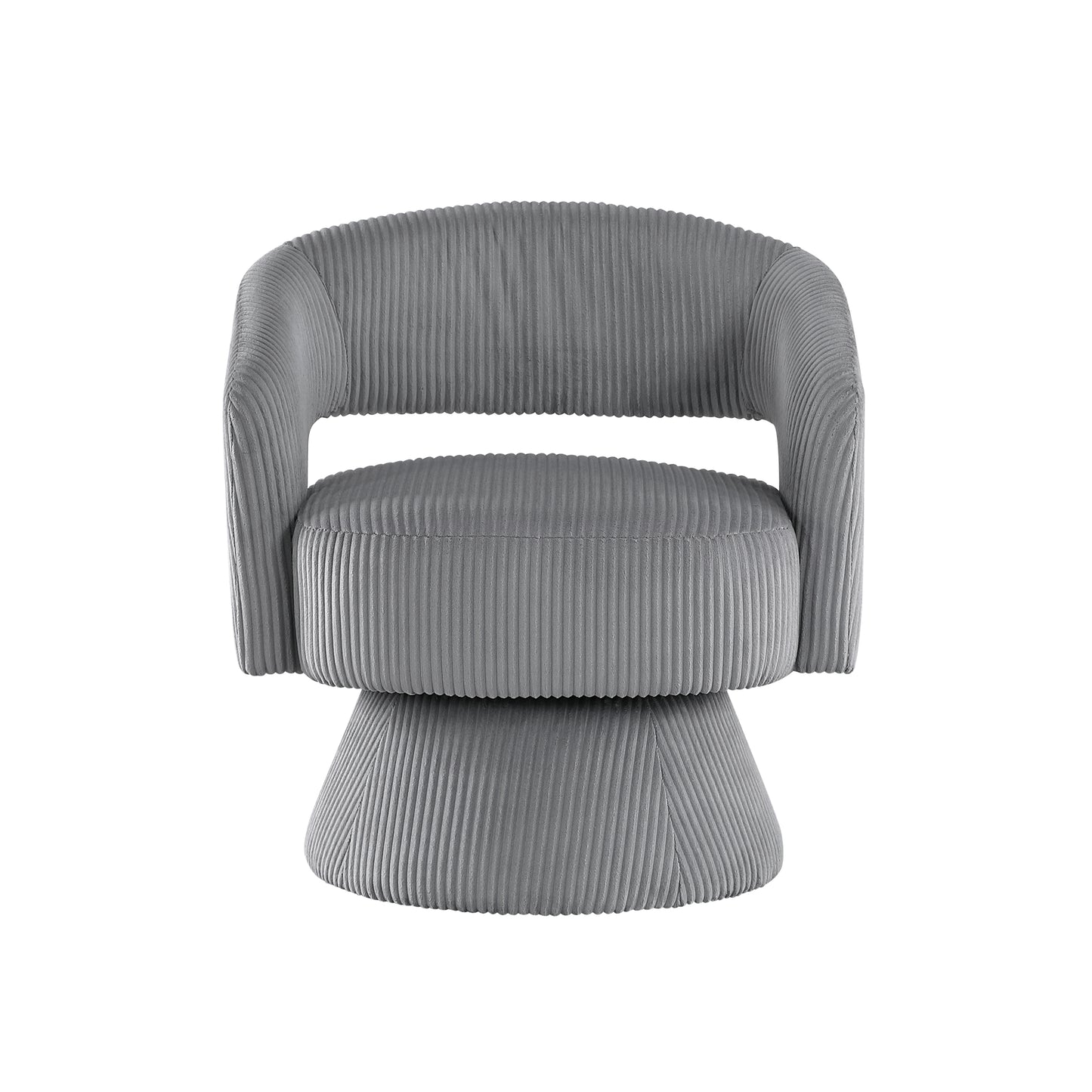 Gray corduroy accent chair with a swivel base and rounded design