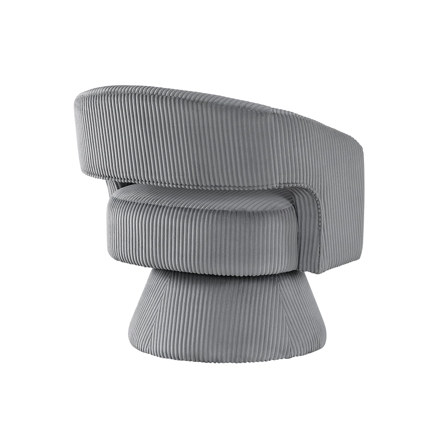 Gray corduroy swivel accent chair with a unique rounded design for modern living spaces