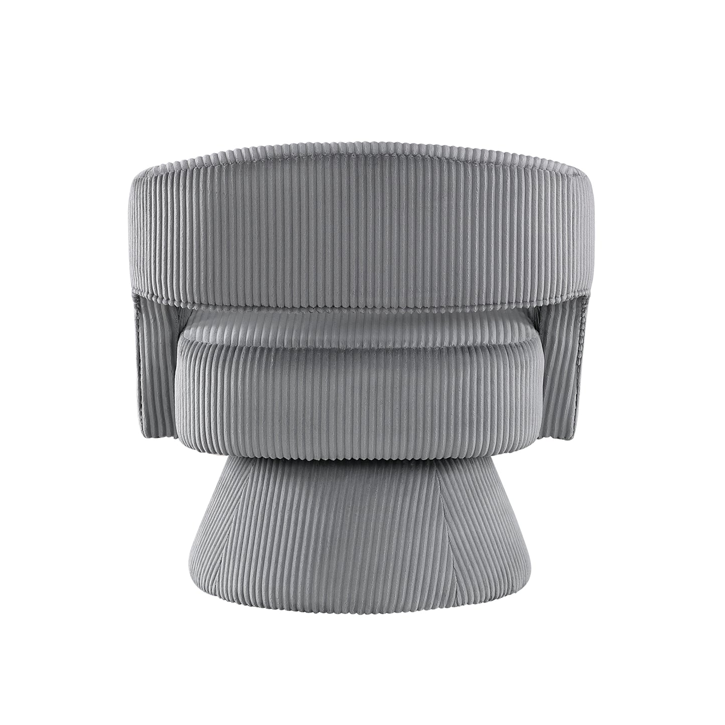 Plush gray corduroy swivel chair with rounded back and flared base