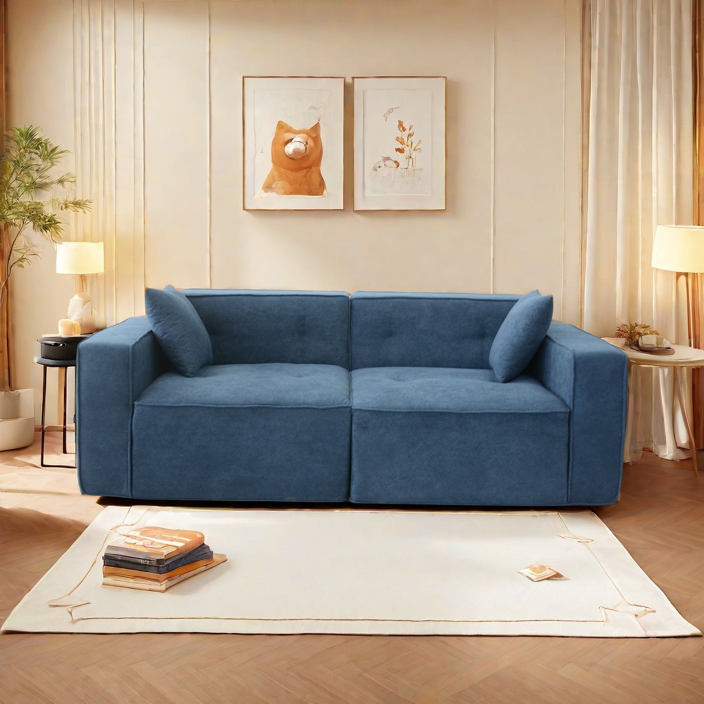 Teal fabric sectional sofa with modern design and plush cushions