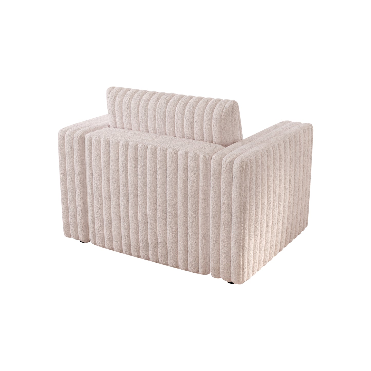 Plush beige upholstered accent chair with vertical channel tufting