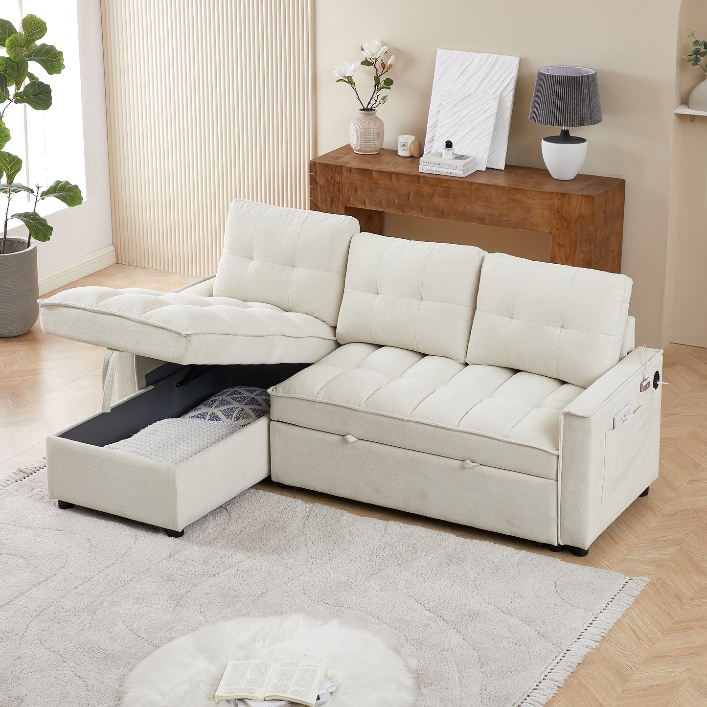 White sectional sofa with chaise tufted cushions and hidden storage for living room