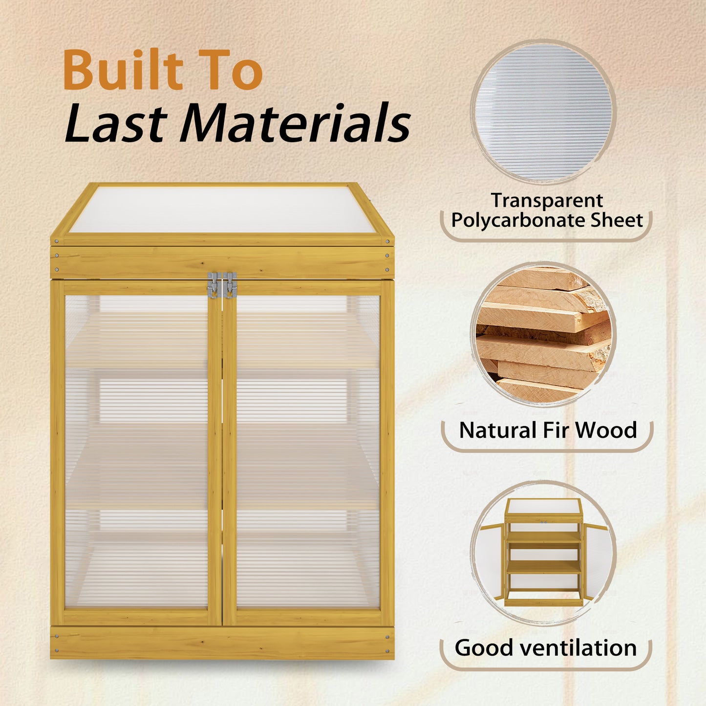 Wooden plant greenhouse with transparent polycarbonate panels and ample shelving