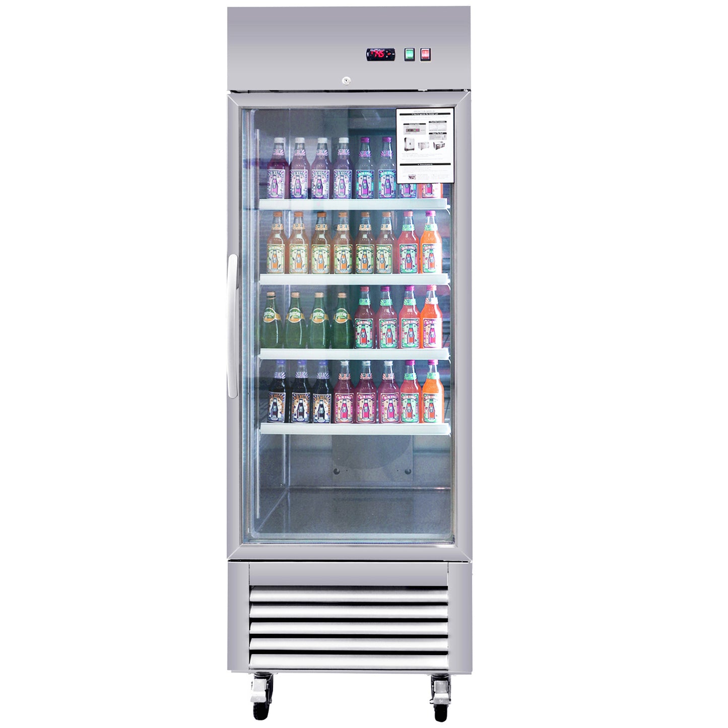 Glass door commercial refrigerator stocked with assorted bottled beverages and digital display