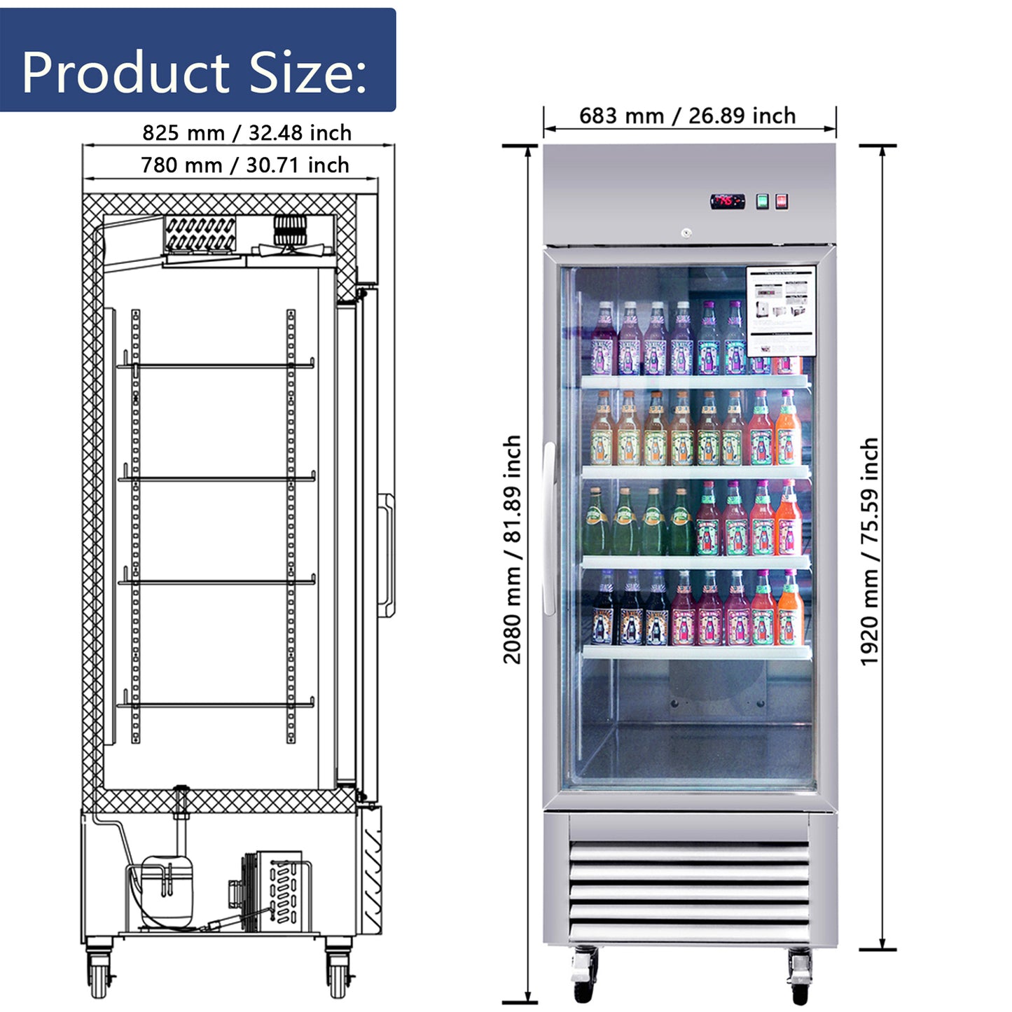Commercial glass door refrigerator with display of colorful bottled beverages