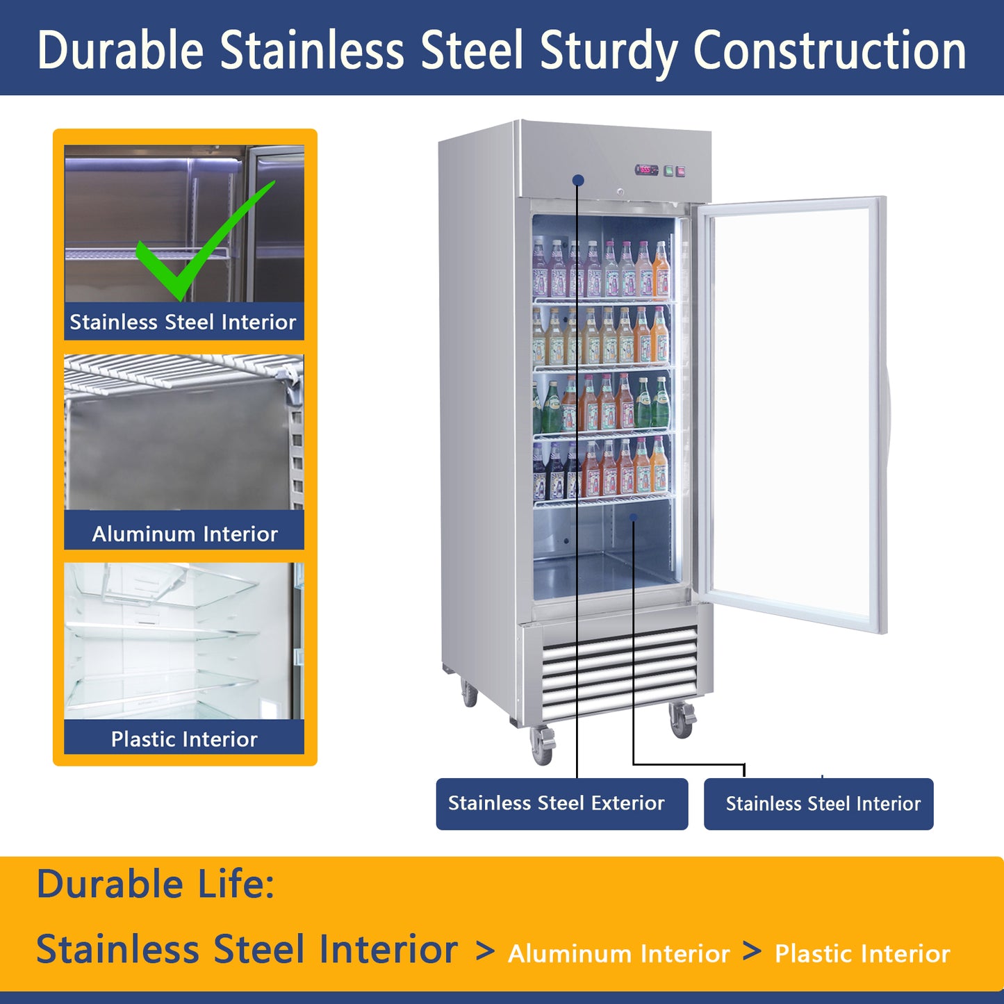 Commercial refrigerator with clear glass door stainless steel exterior and interior