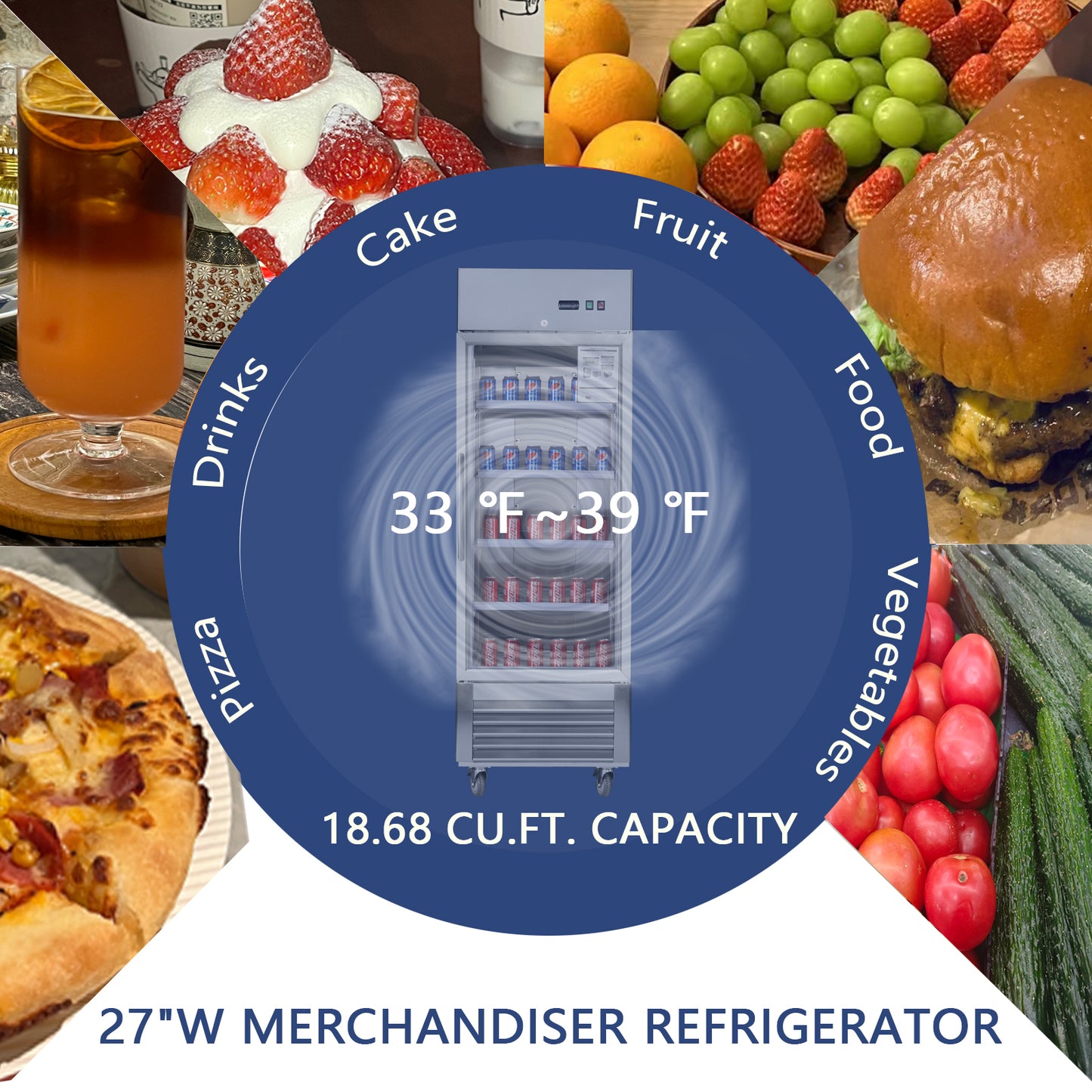 inch merchandiser refrigerator with glass door displaying canned drinks