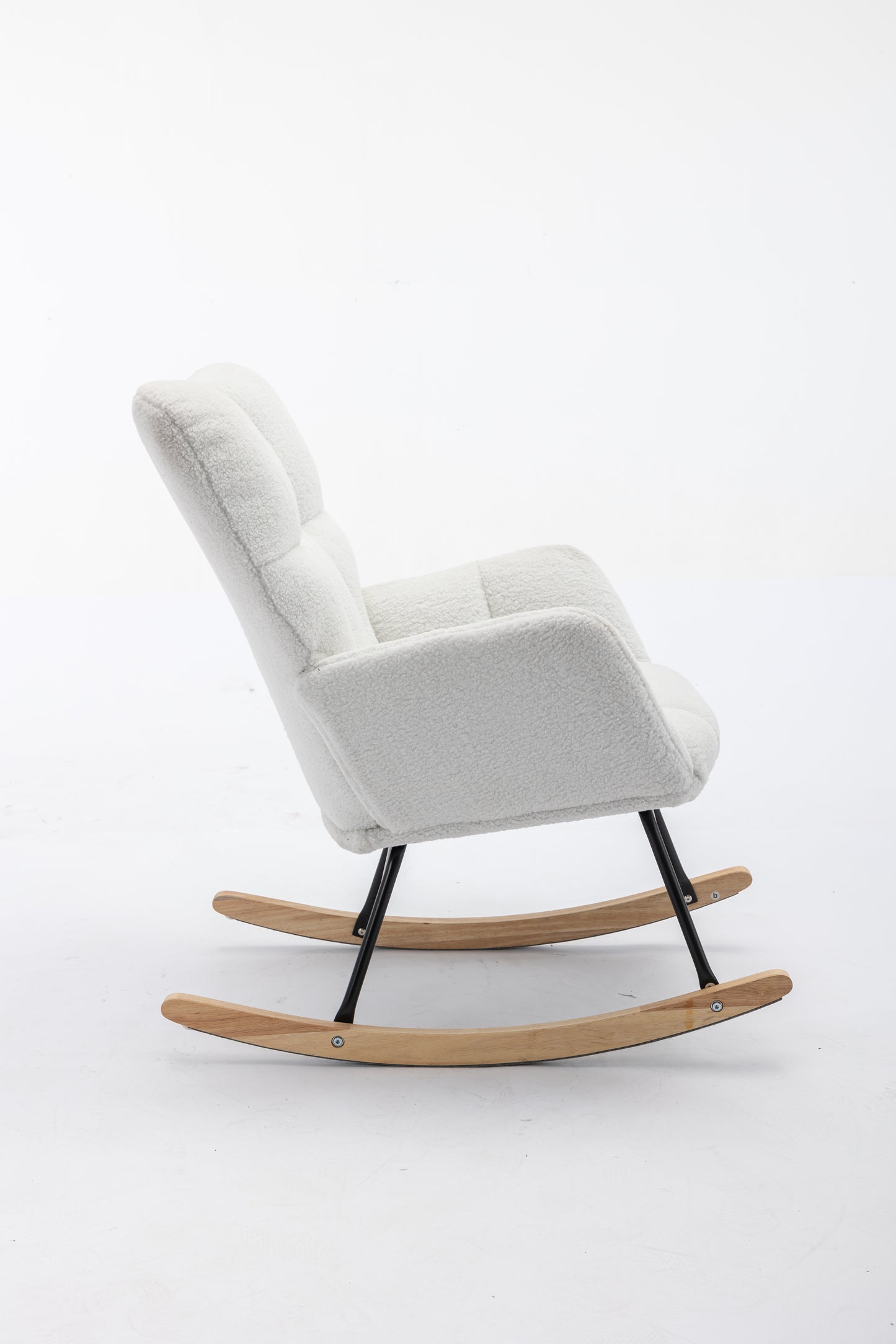 Plush white boucle fabric armchair with a modern rocking base for ultimate relaxation