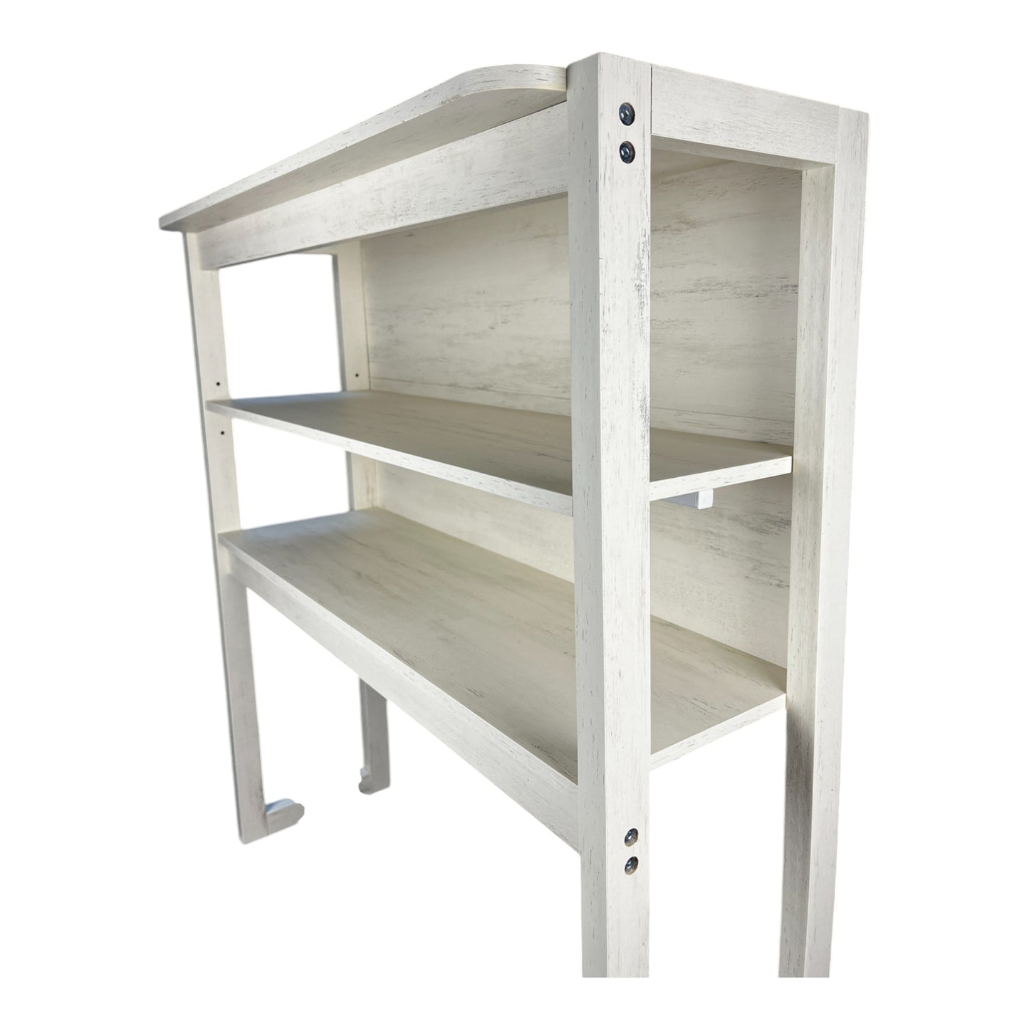 Distressed white wooden bookshelf with three shelves and modern design