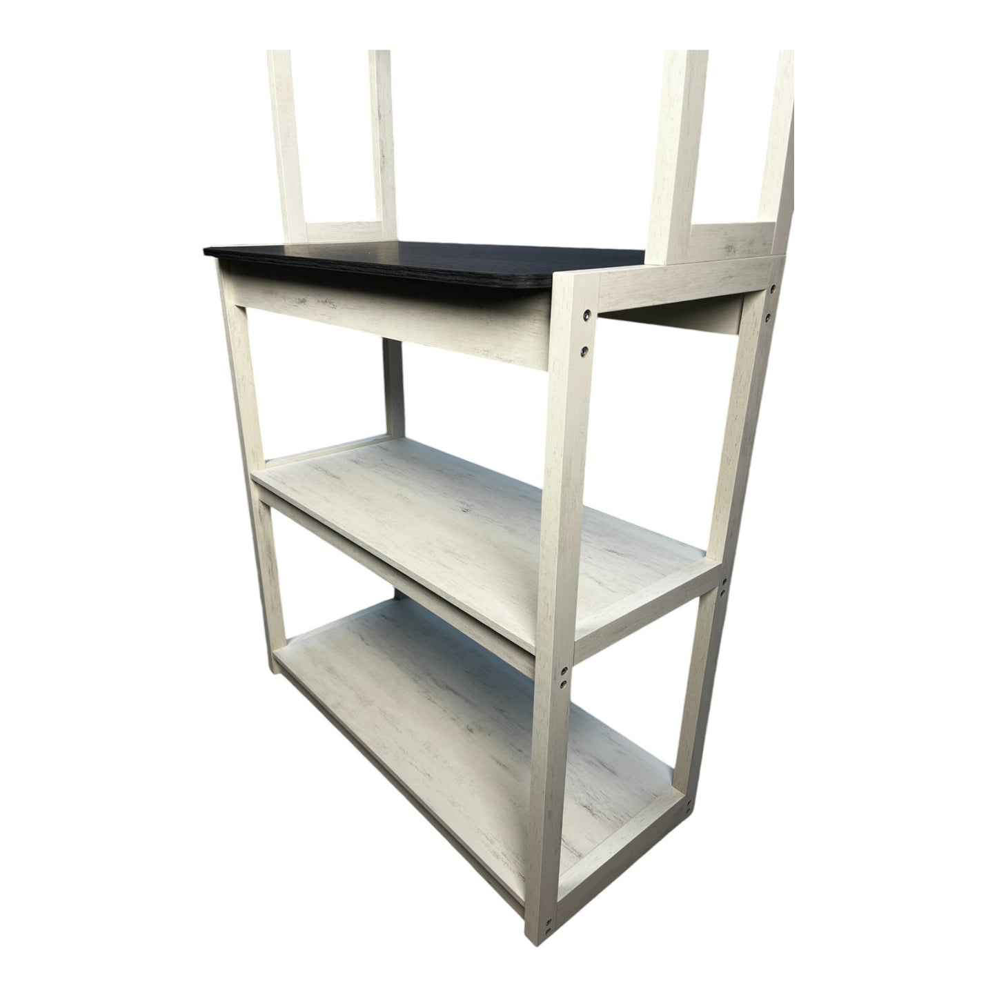 Distressed white wood ladder bookshelf with three shelves and a dark top shelf