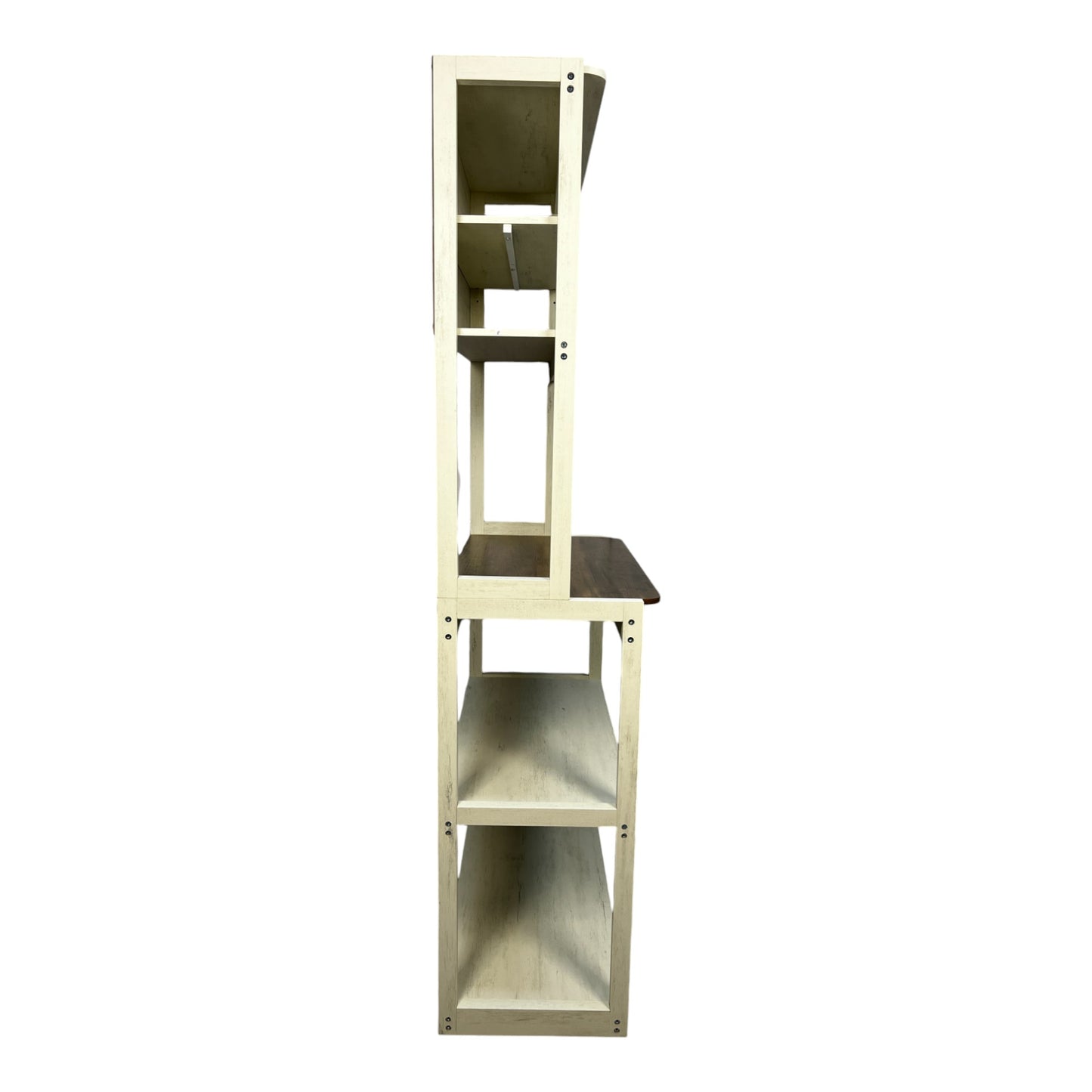 Cream distressed wood bookcase with three open shelves on bottom and two on top