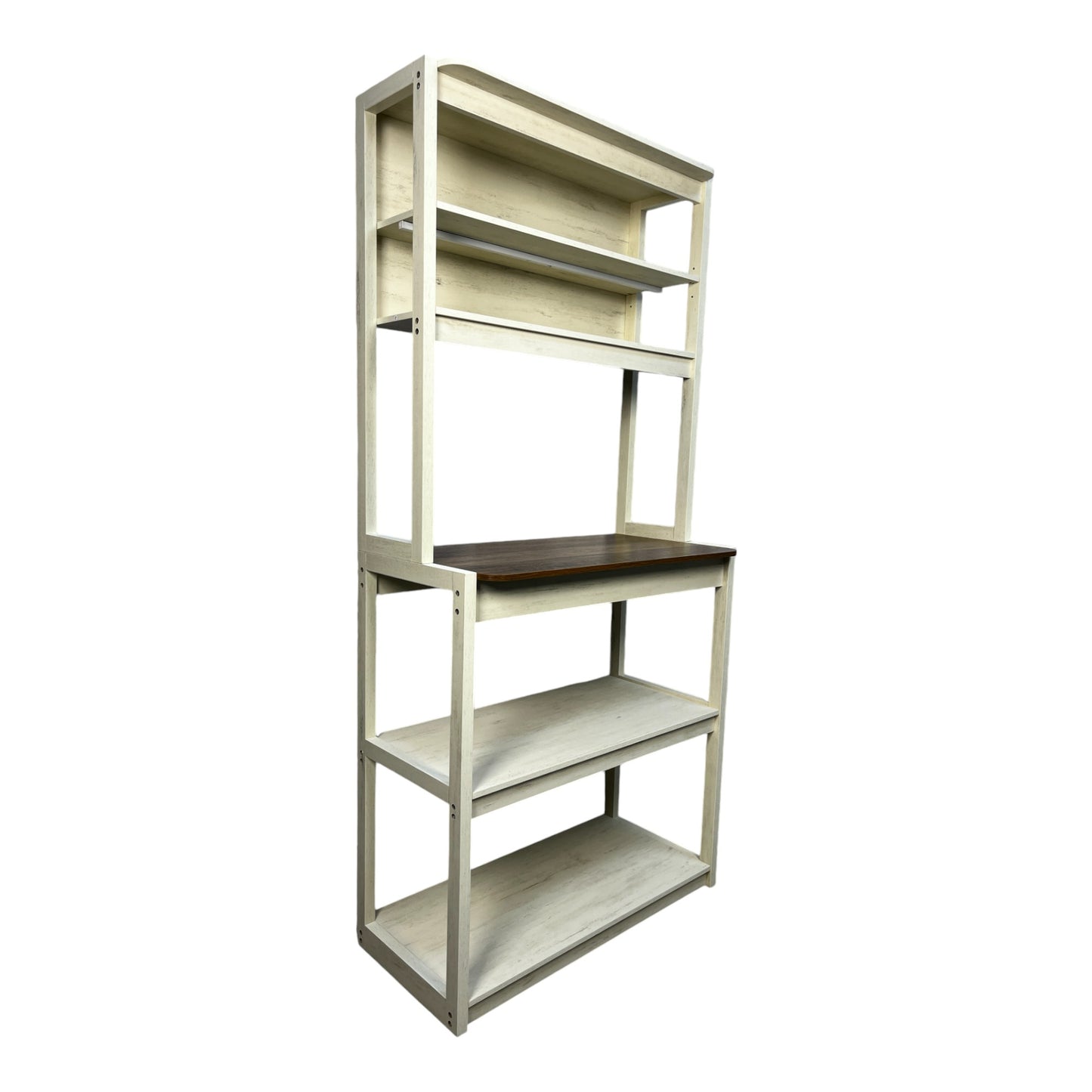 Antique white bakers rack with dark wood countertop and multiple shelves
