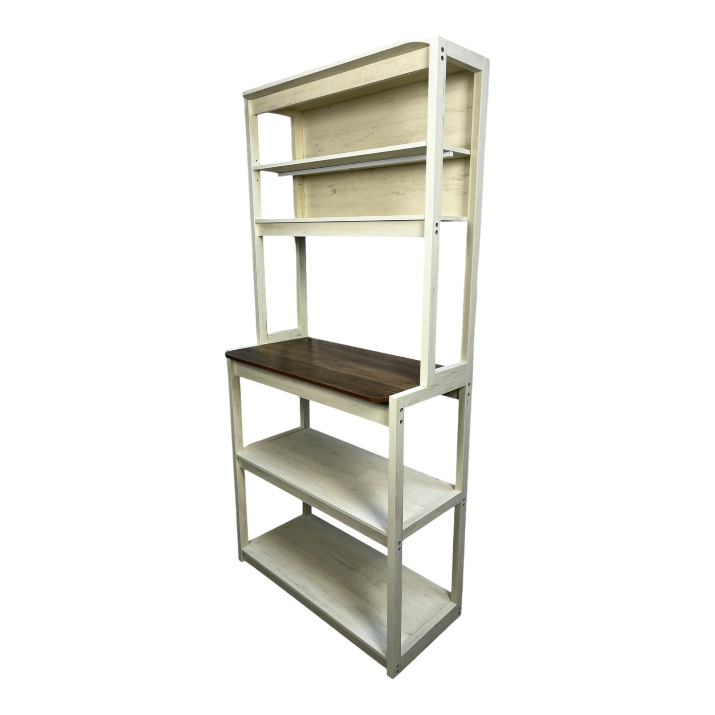 Distressed ivory bakers rack with dark wood top shelf and open shelving for kitchen organization