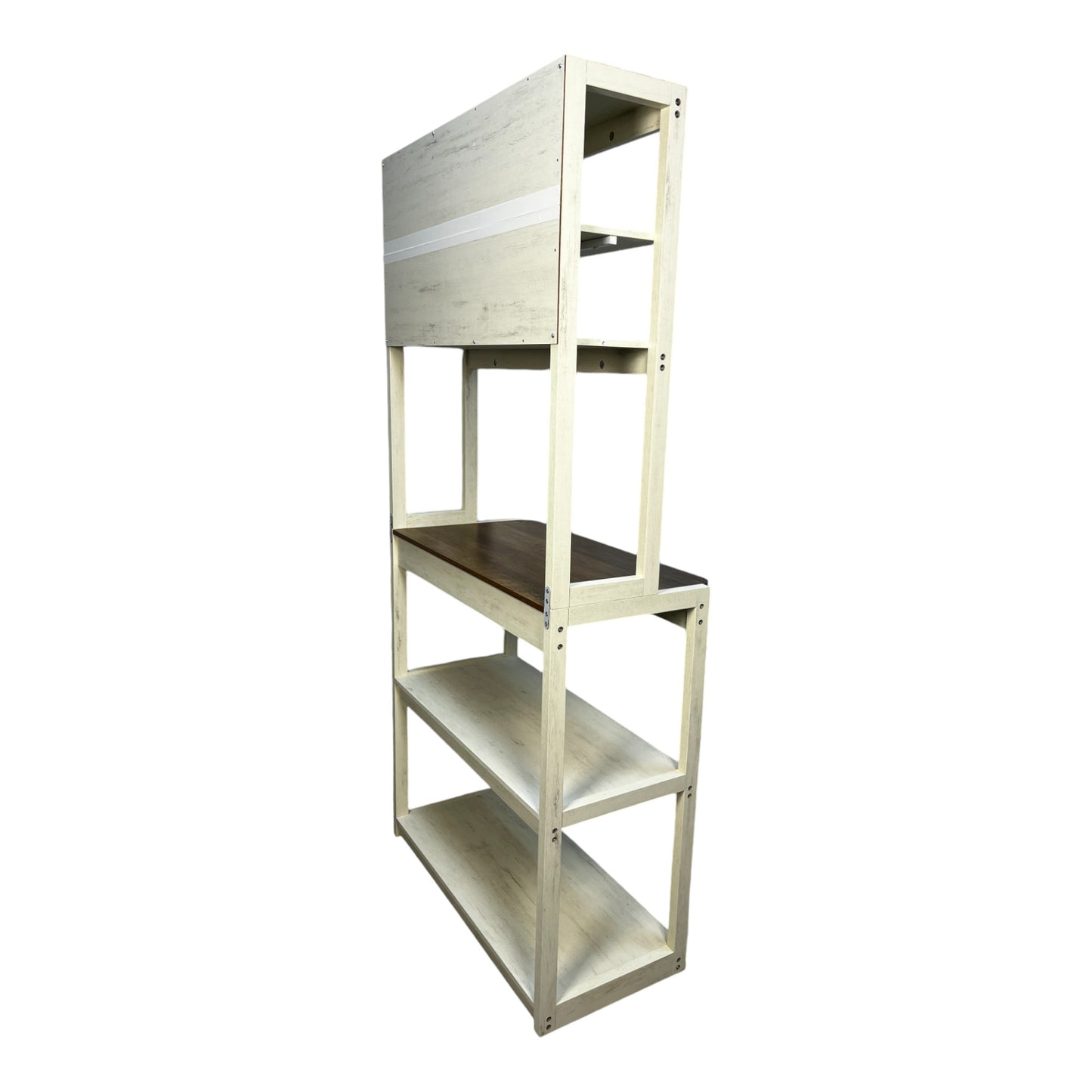 Distressed white wood bakers rack with dark wood shelf and three tiers