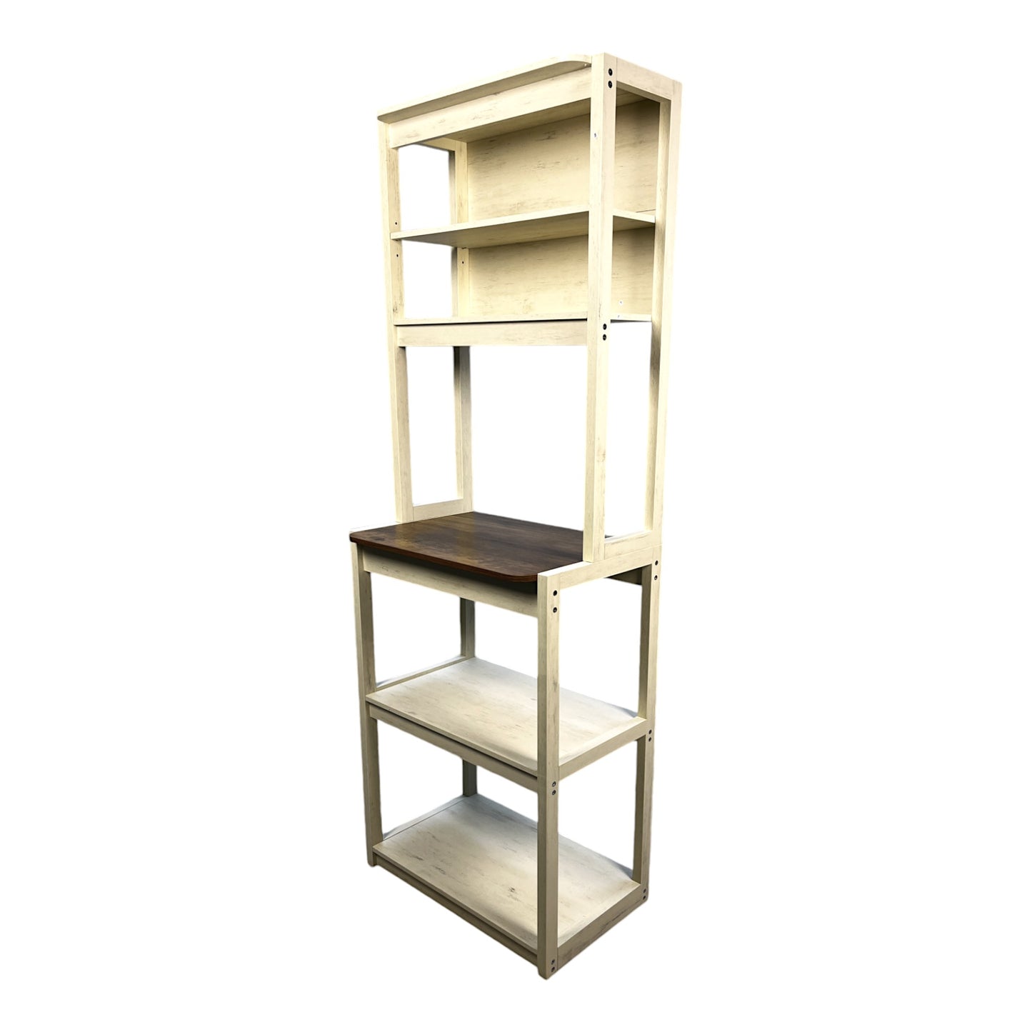 Distressed white wooden bakers rack with a dark wood countertop and four open shelves