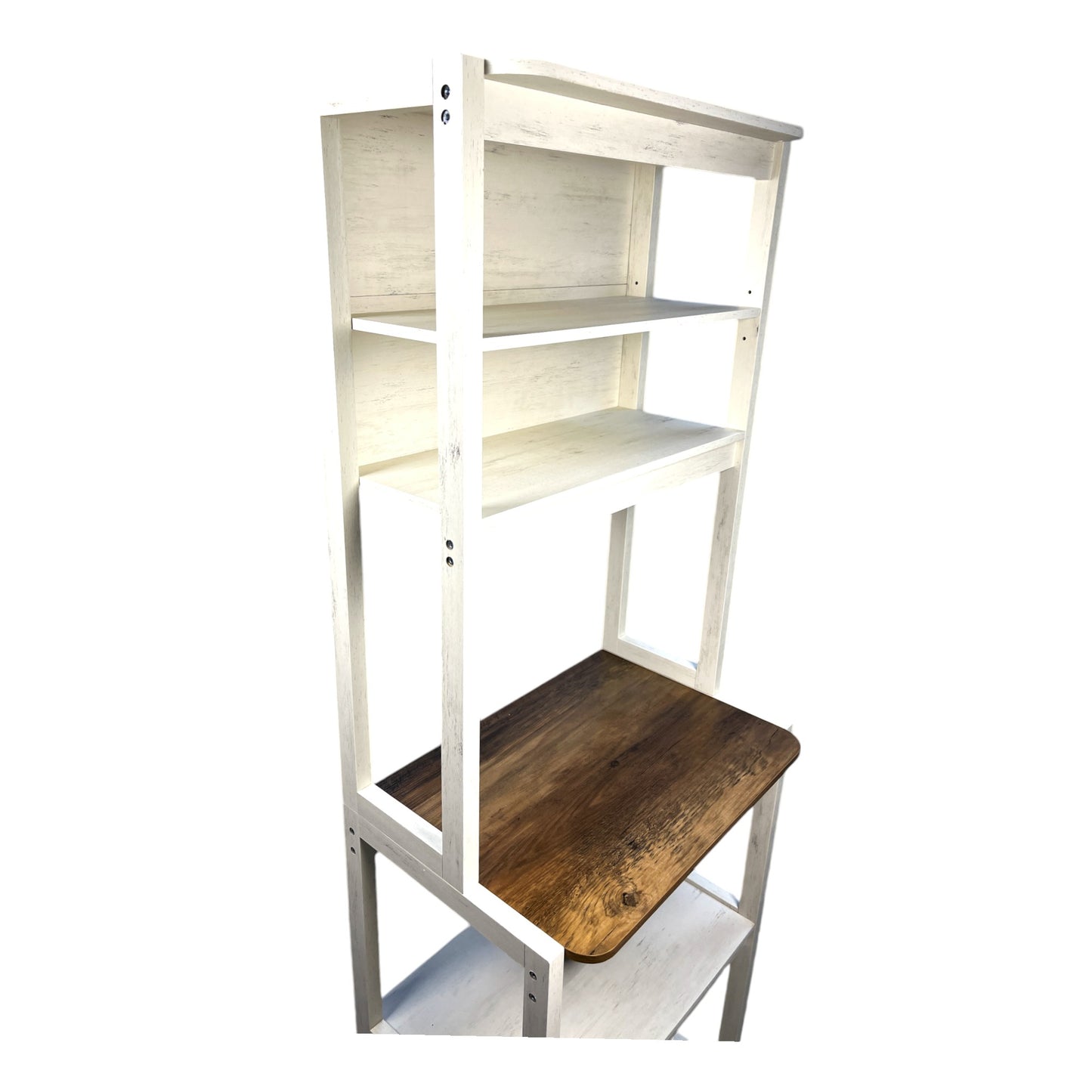 Distressed white wood bakers rack with a rustic dark wood shelf