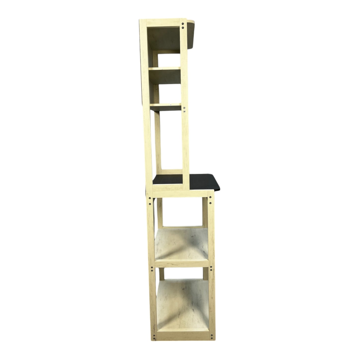 Tall narrow wooden shelving unit with multiple tiers for storage and display