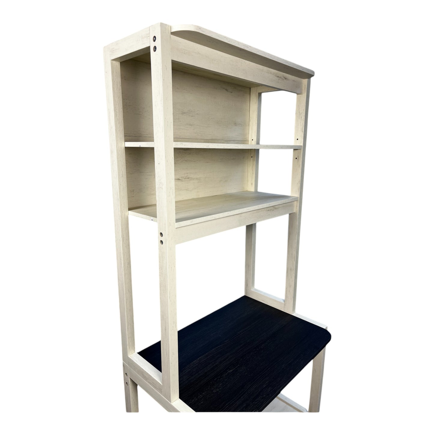 Shabby chic white wood desk with black desktop and three open shelves for study organization