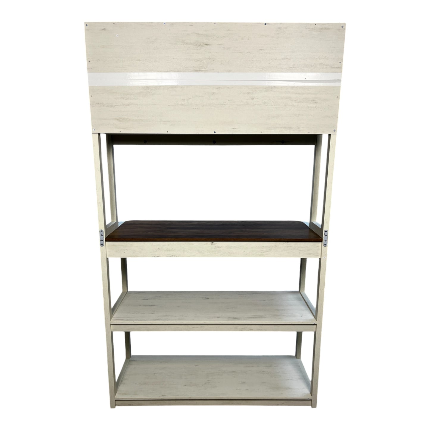 Distressed white metal bookshelf with dark wood accent shelf