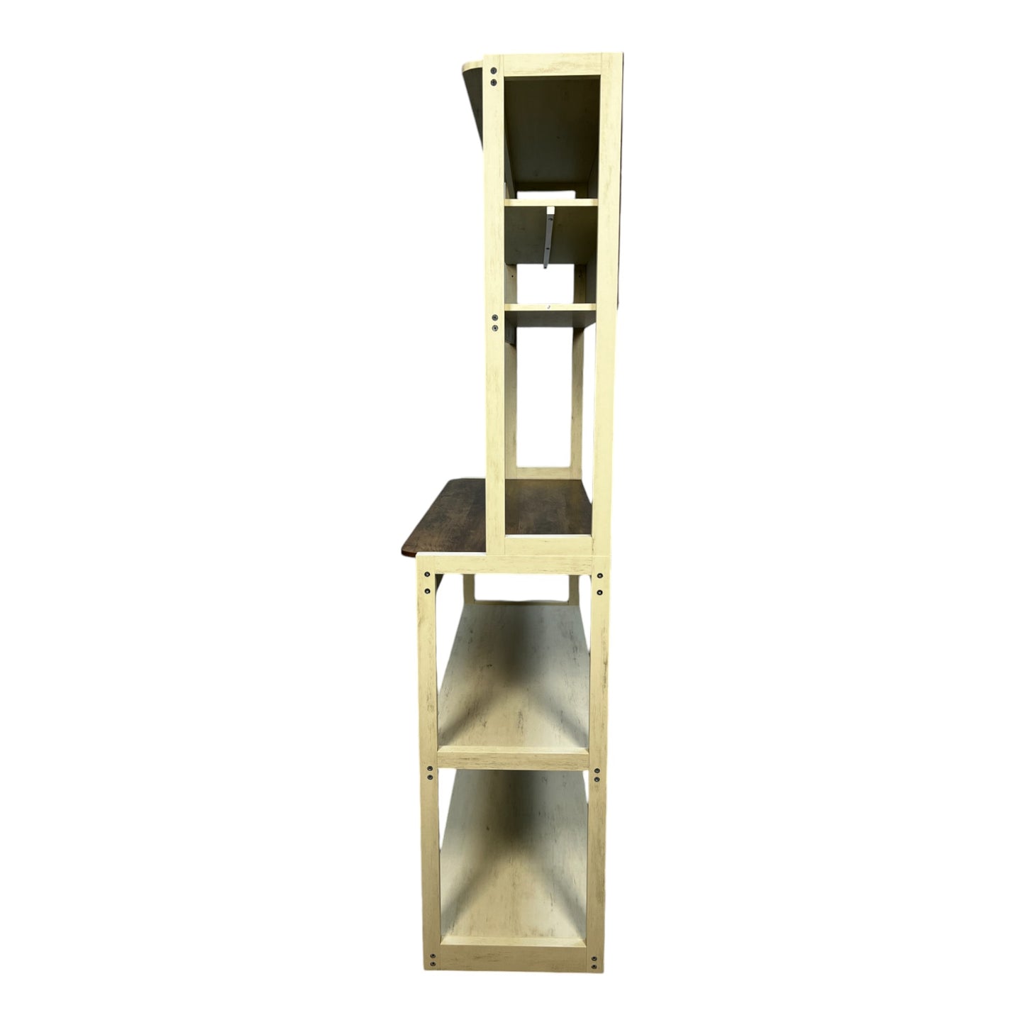 Cream and dark wood tiered bakers rack with open shelves
