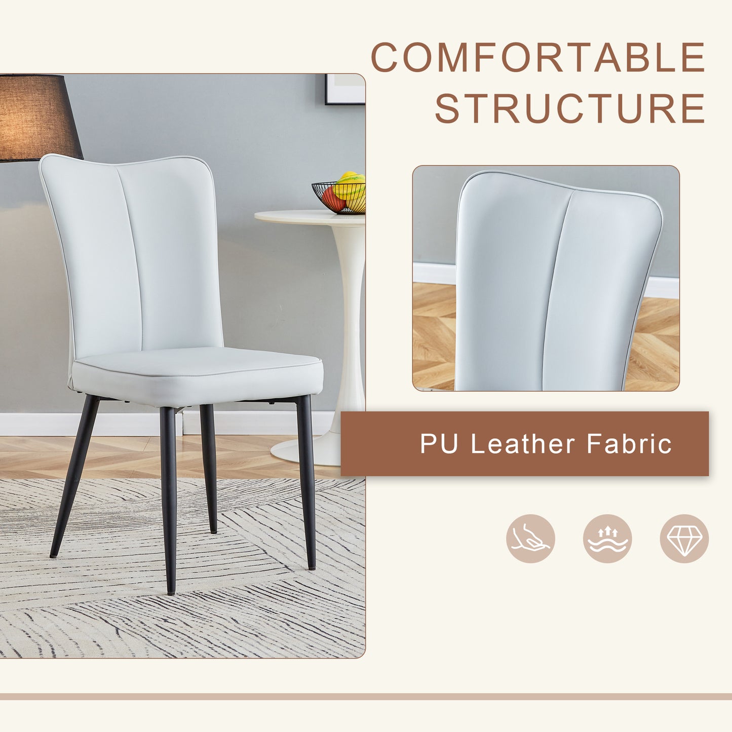 Light gray PU leather dining chair with black legs for modern kitchens