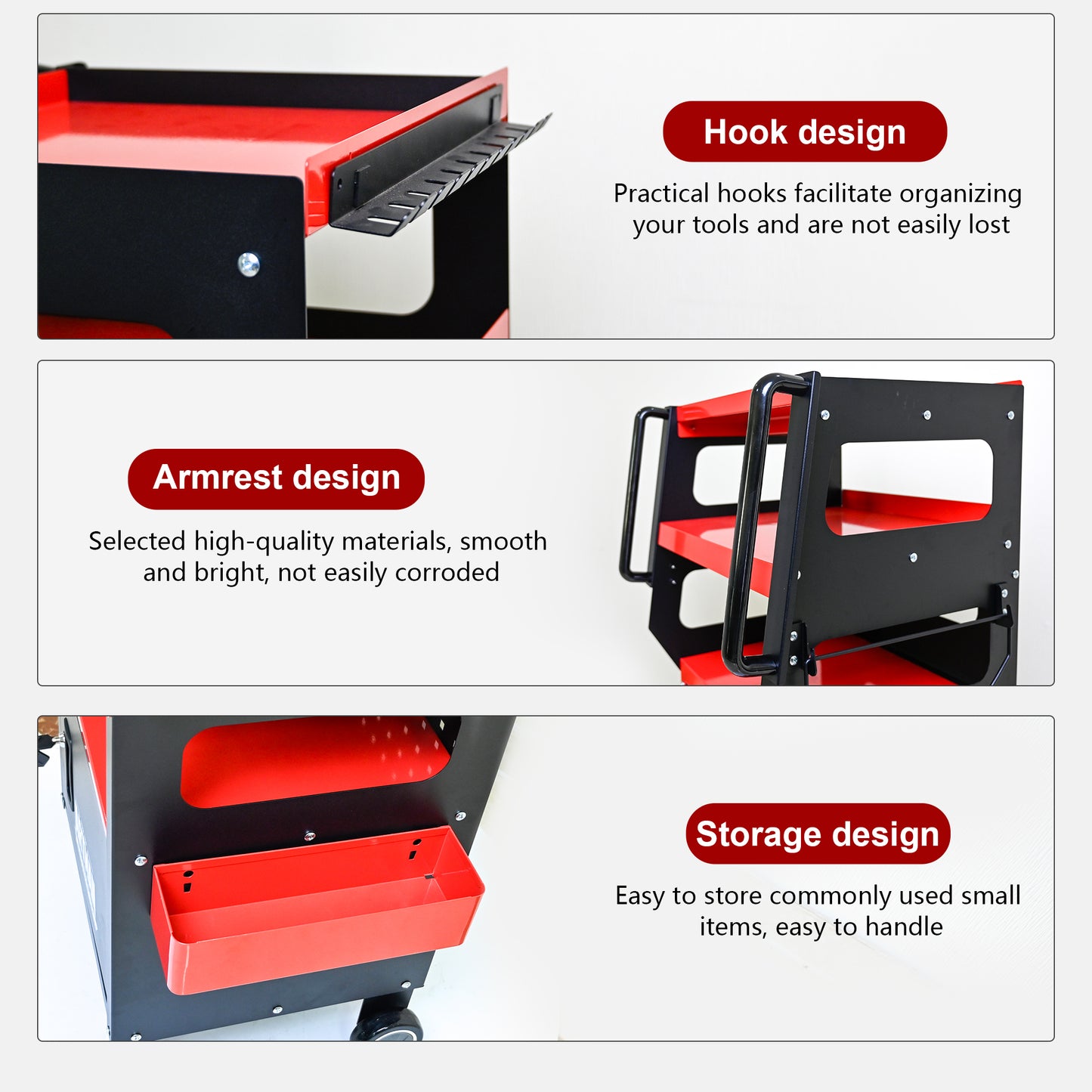 Red and black tool cart with practical hook design for tool organization