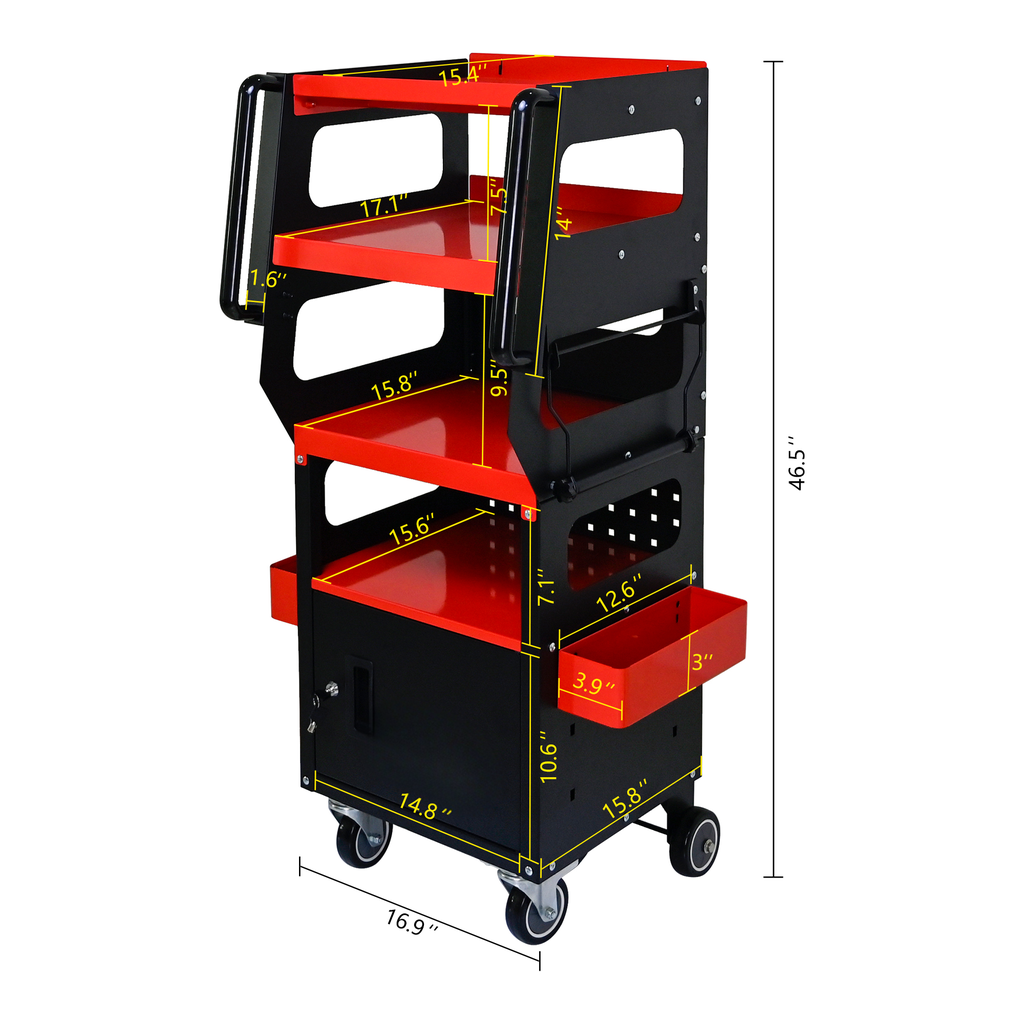 Black and red rolling tool cart with multiple shelves and side bins featuring dimensions