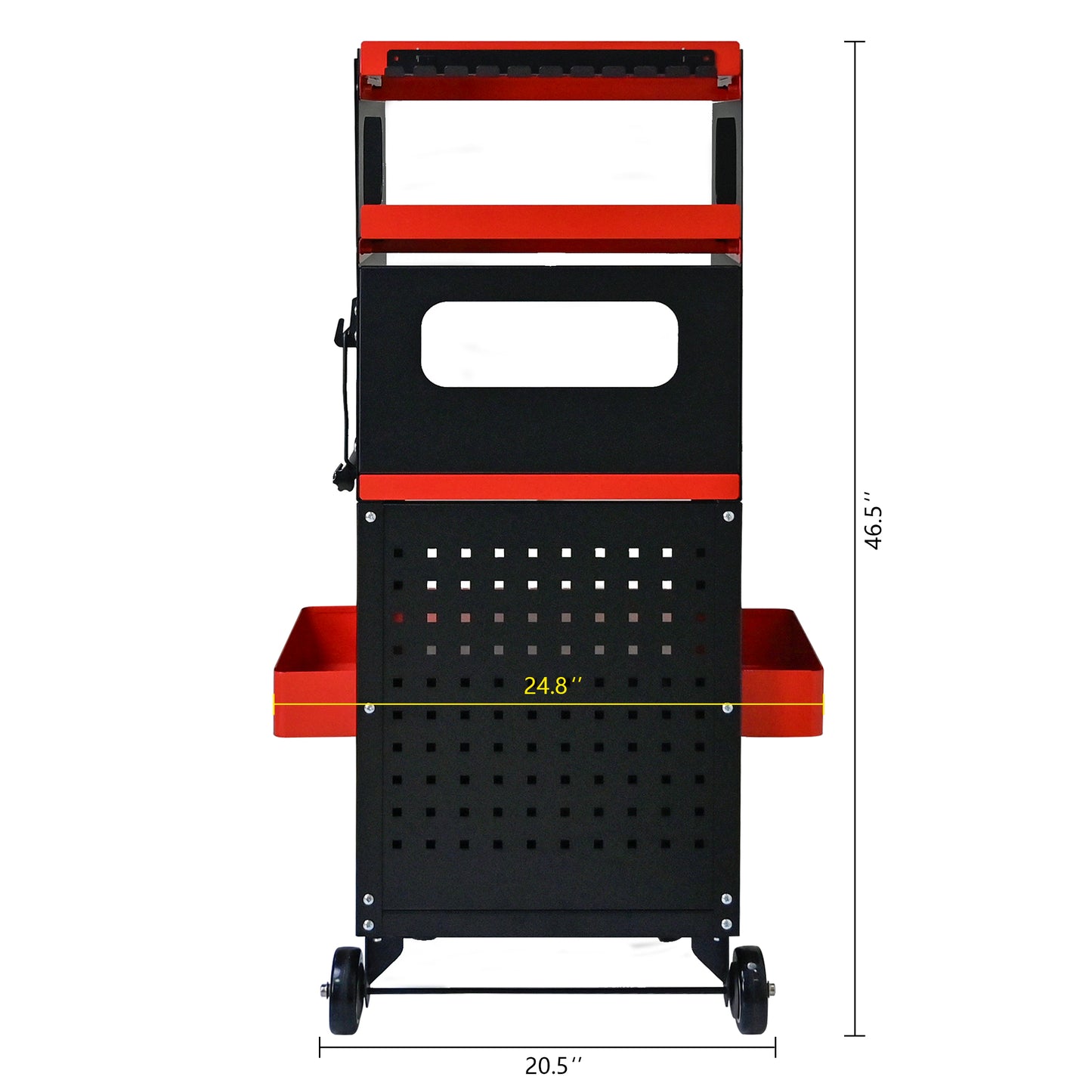Black and red tool cart with wheels and pegboard inches tall