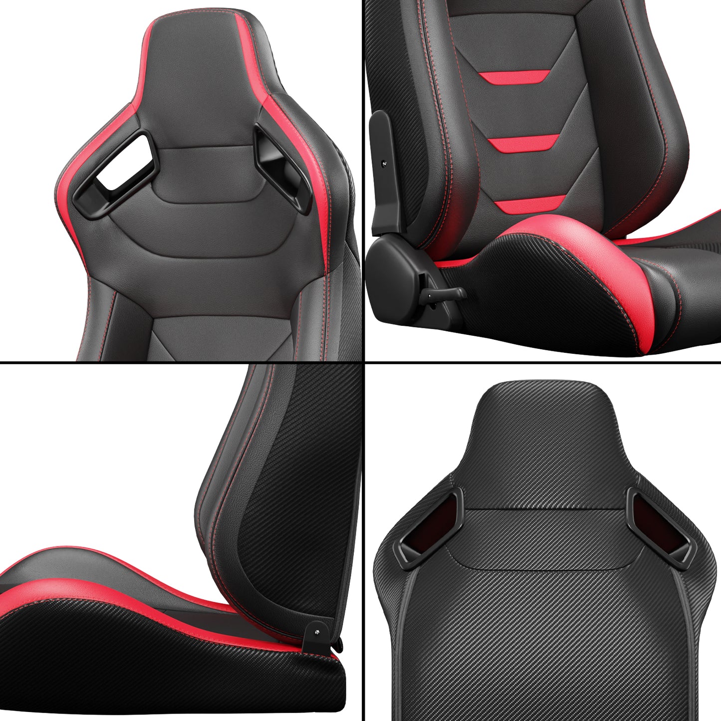 Black and red racing gaming chair with carbon fiber accents and adjustable lumbar support